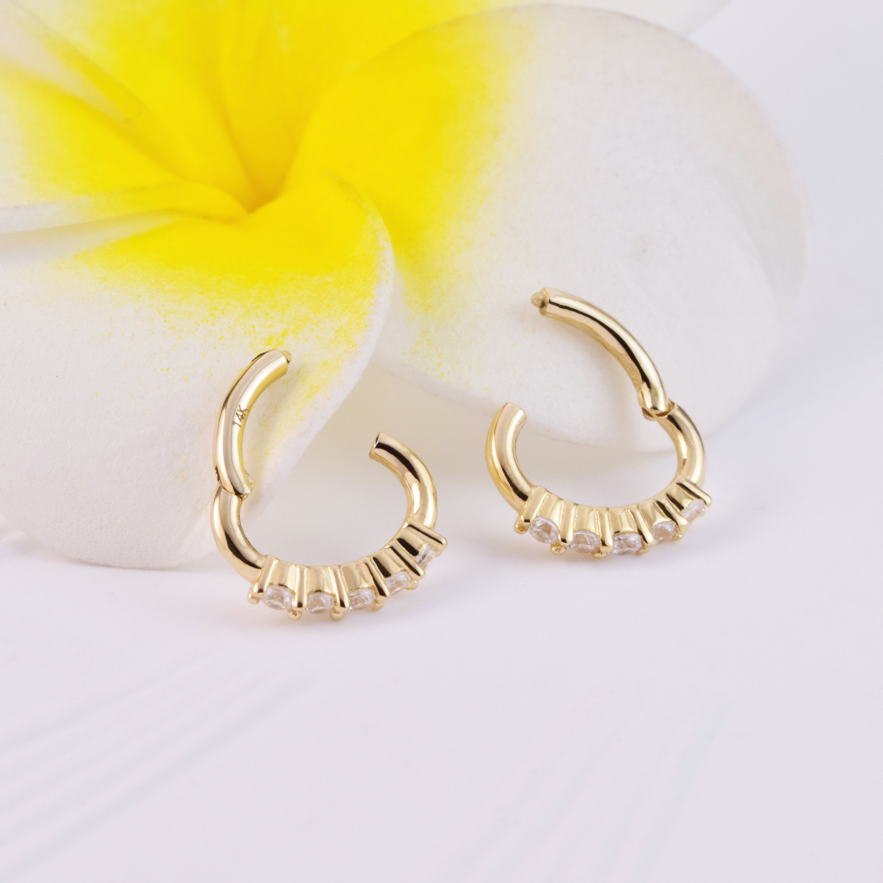 14K Solid Gold Diamond Oval Huggie Hoop Earring, Gold Hinged Segment Clicker, Clear CZ Rook Clicker Ring, Oval Seamless Belly Ring Clicker