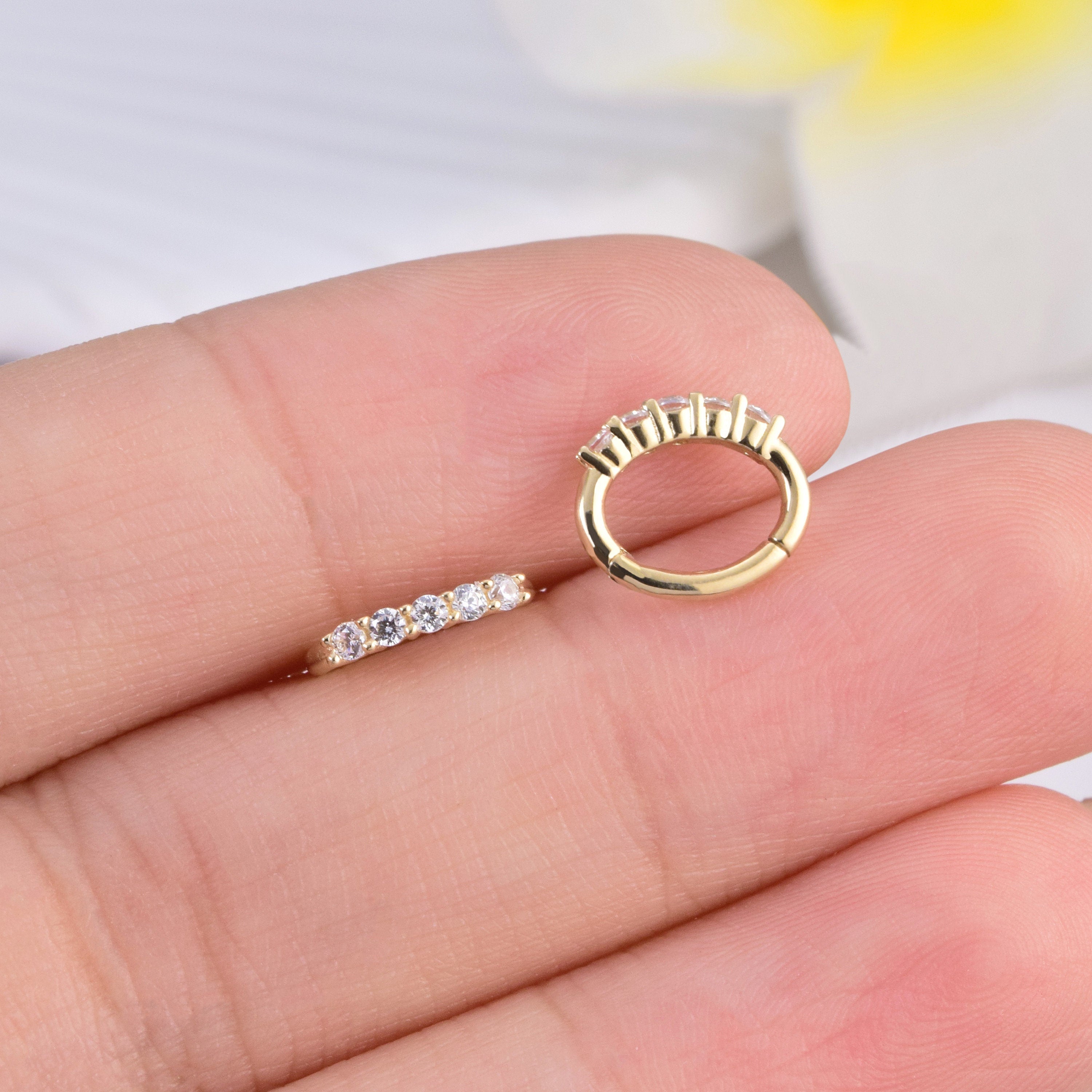 14K Solid Gold Diamond Oval Huggie Hoop Earring, Gold Hinged Segment Clicker, Clear CZ Rook Clicker Ring, Oval Seamless Belly Ring Clicker