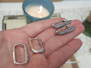 925 Sterling Silver Cubic Zirconia Hoop Earrings: Geometric U-Shape Huggies • A84