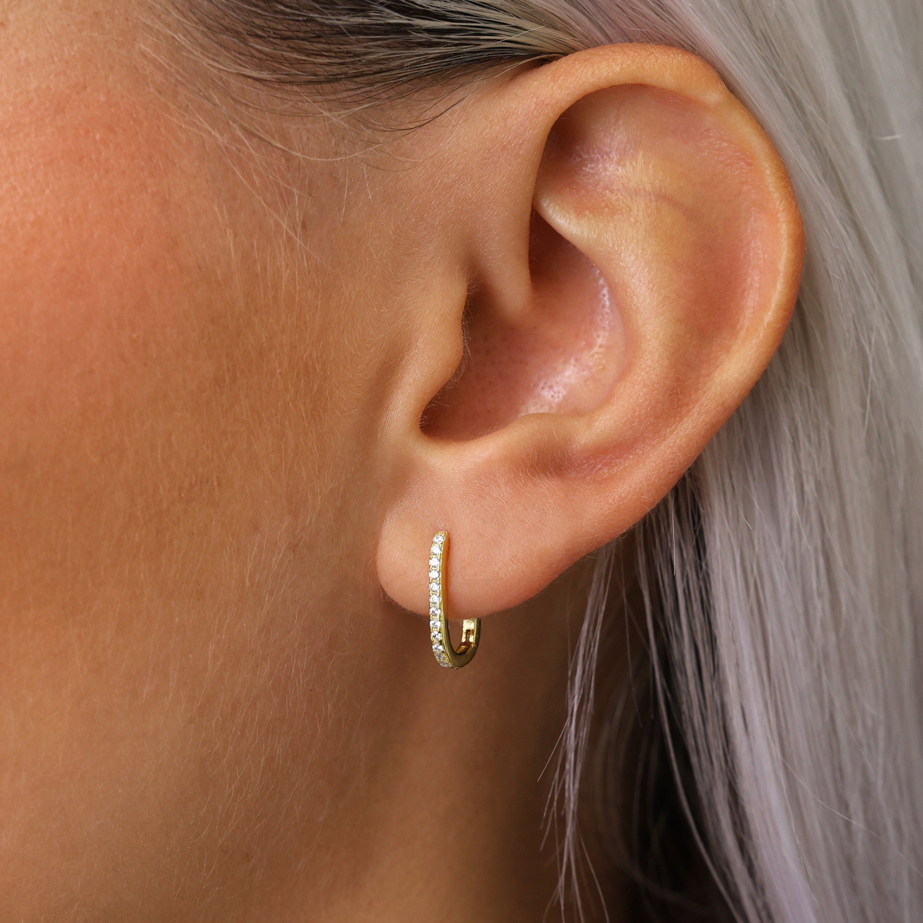 Paved Diamond Huggie Hoop Earrings • 18K Gold Sterling Silver