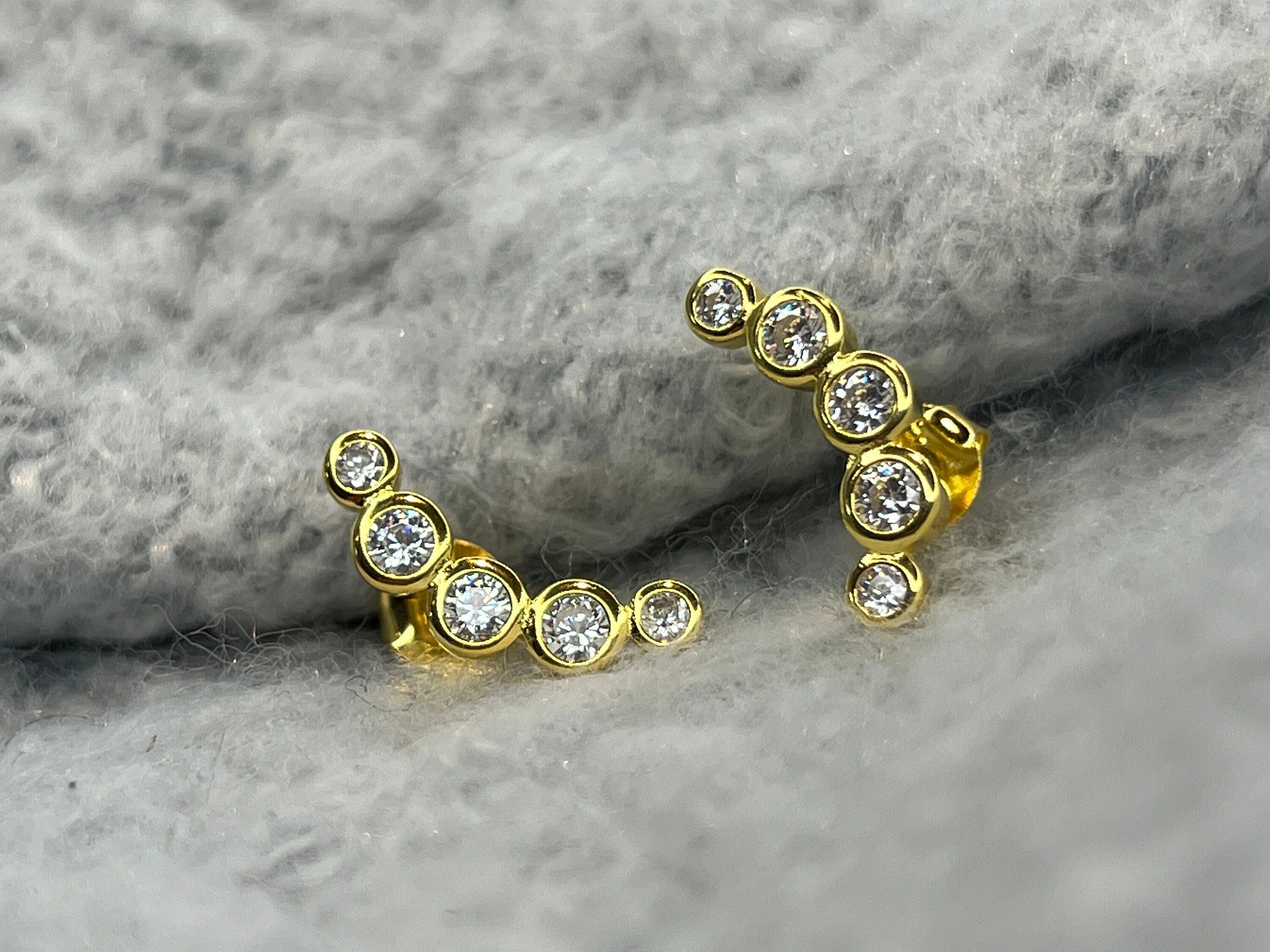 Gold Diamond Ear Climber. 5 Diamonds Ear Cuff in Silver. Ruby, Sapphire Diamond Stud Earrings. Crawler Earrings Gift. Same Day Shipping.