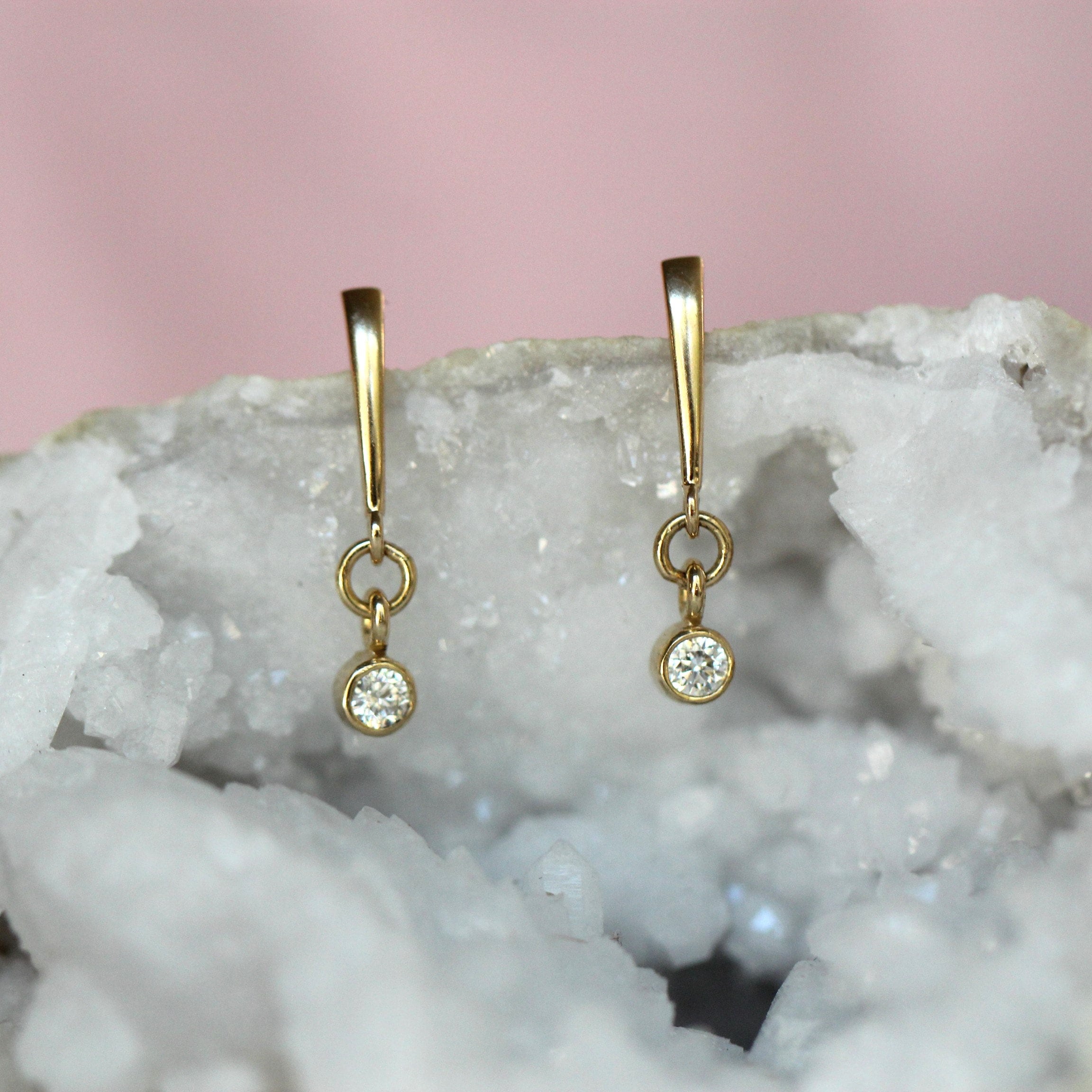14K Gold Dangle Diamond Earrings, Drop Earrings, Post Dangle Earrings, Bezel Earrings, Bridal Earrings, Solid Gold Earrings, Gift for Her