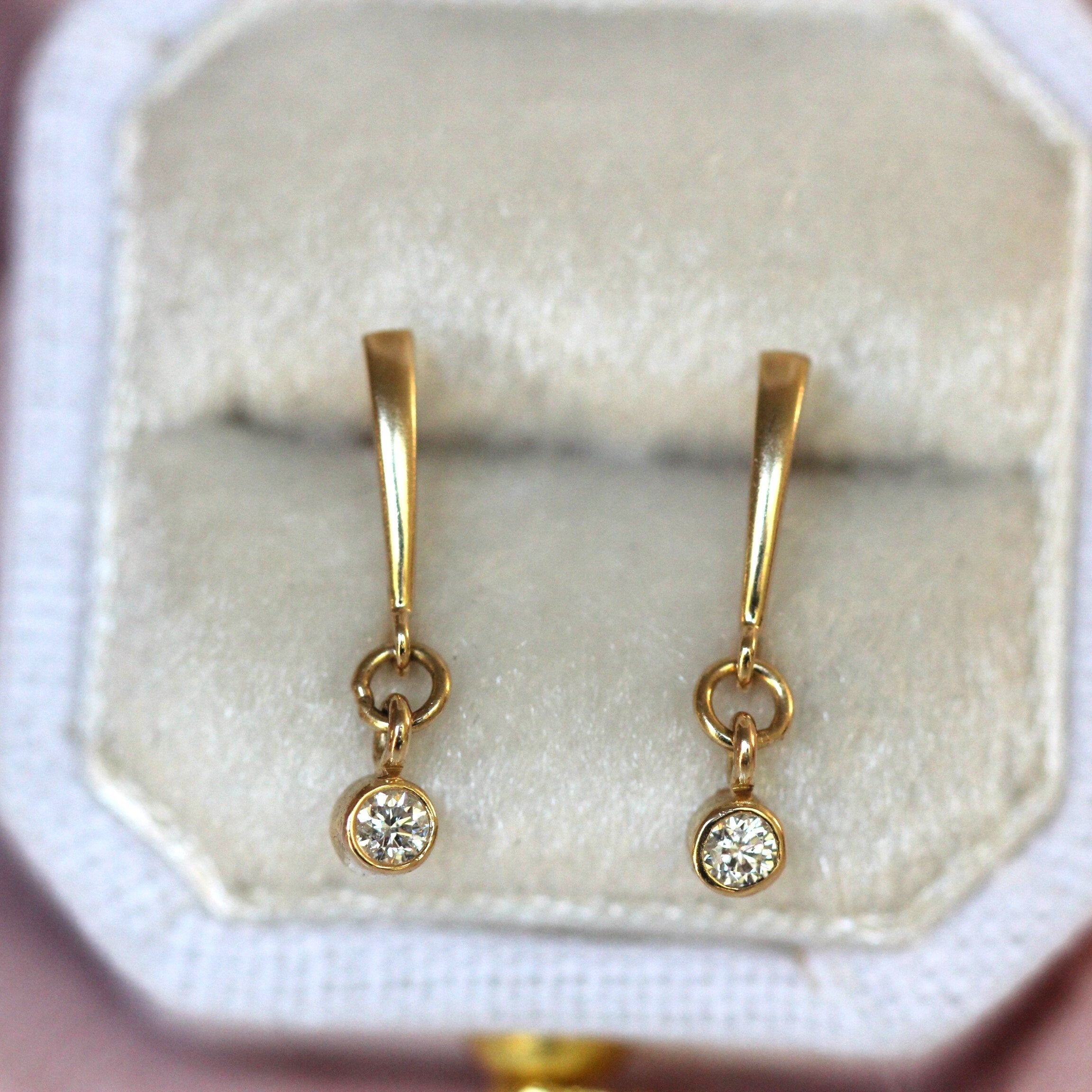 14K Gold Dangle Diamond Earrings, Drop Earrings, Post Dangle Earrings, Bezel Earrings, Bridal Earrings, Solid Gold Earrings, Gift for Her