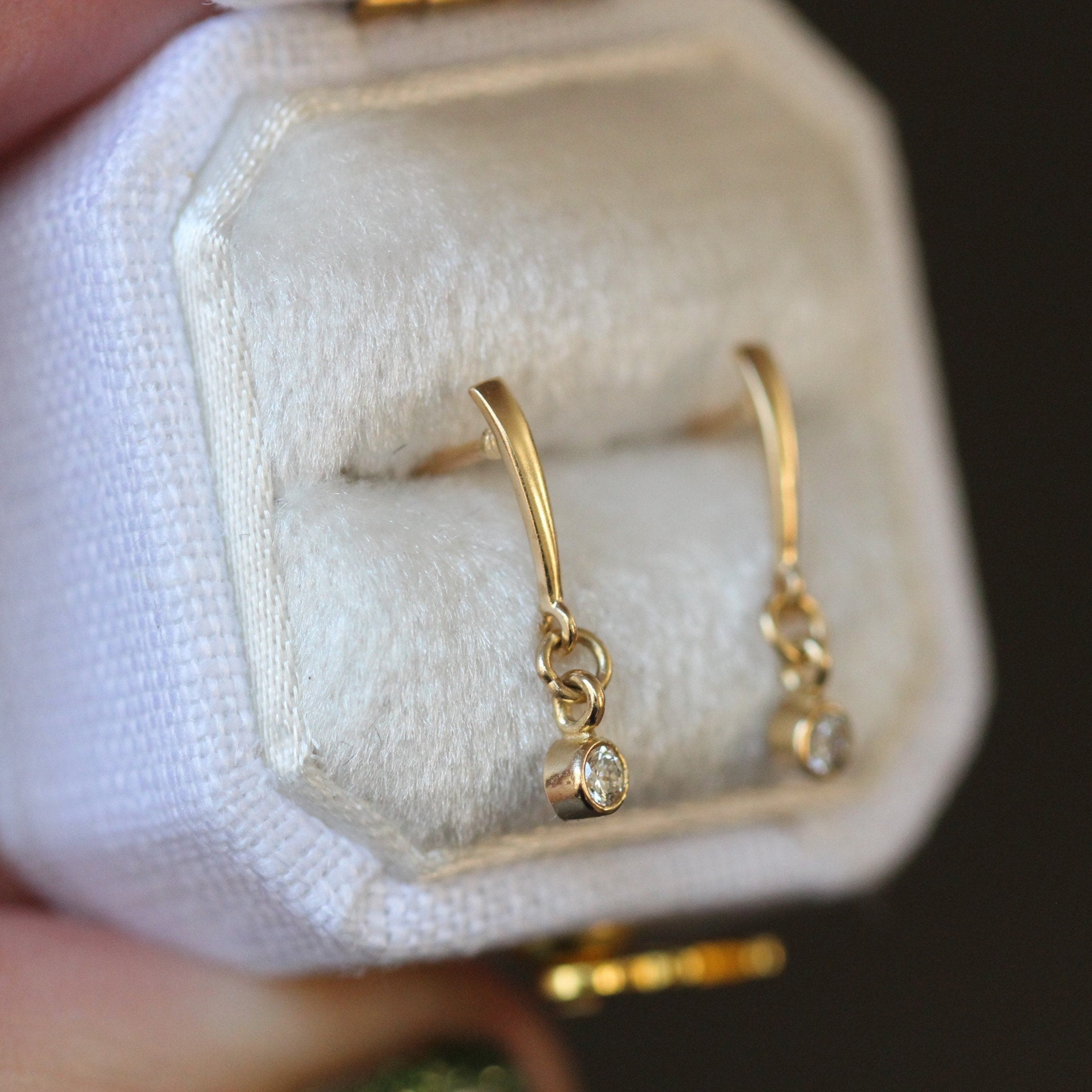 14K Gold Dangle Diamond Earrings, Drop Earrings, Post Dangle Earrings, Bezel Earrings, Bridal Earrings, Solid Gold Earrings, Gift for Her