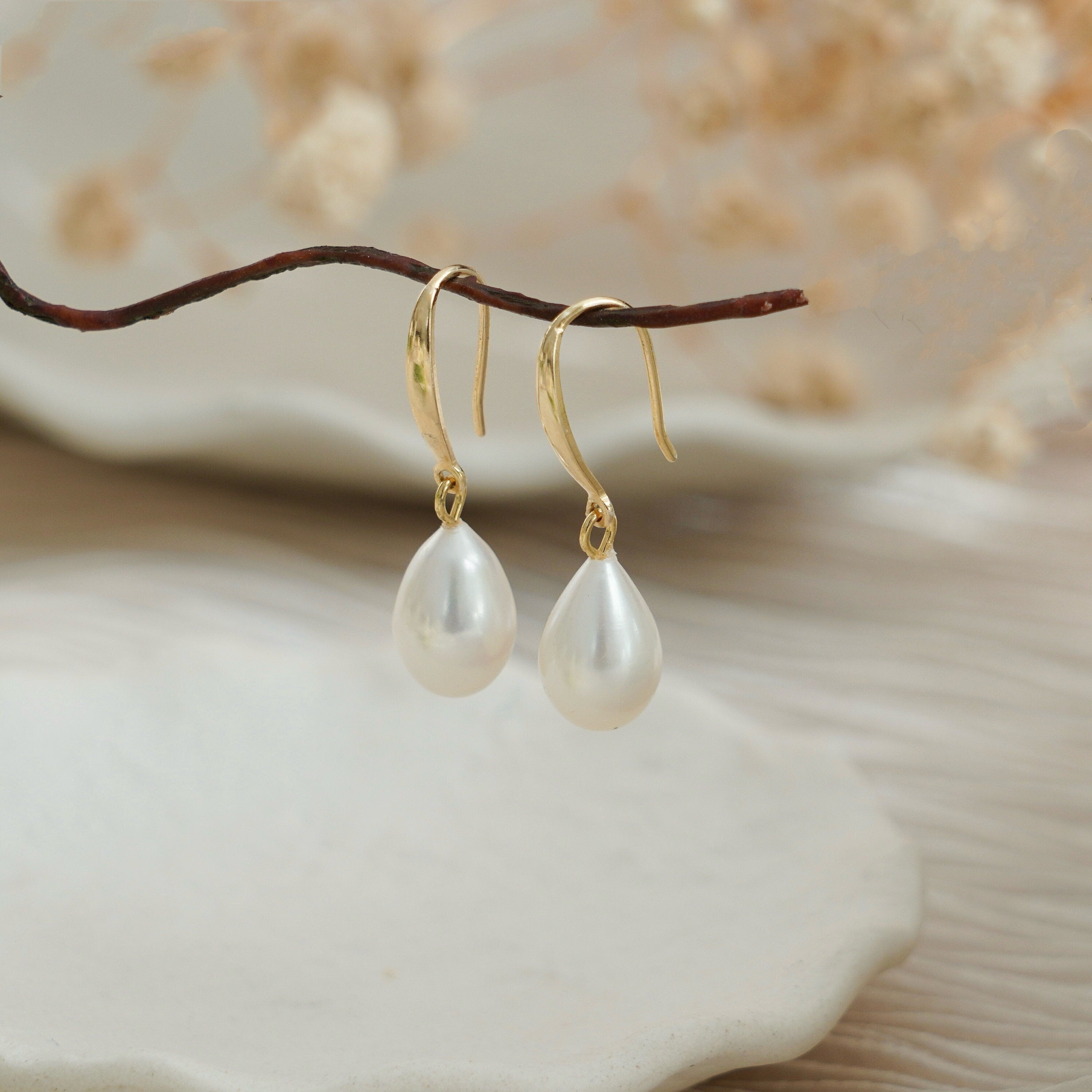 Natural Pearl Sterling Silver Dangle Earrings, Gold Plated S925 Hook Drop Earrings, Freshwater Pearl Wedding Bridal Earrings, Gift for Her