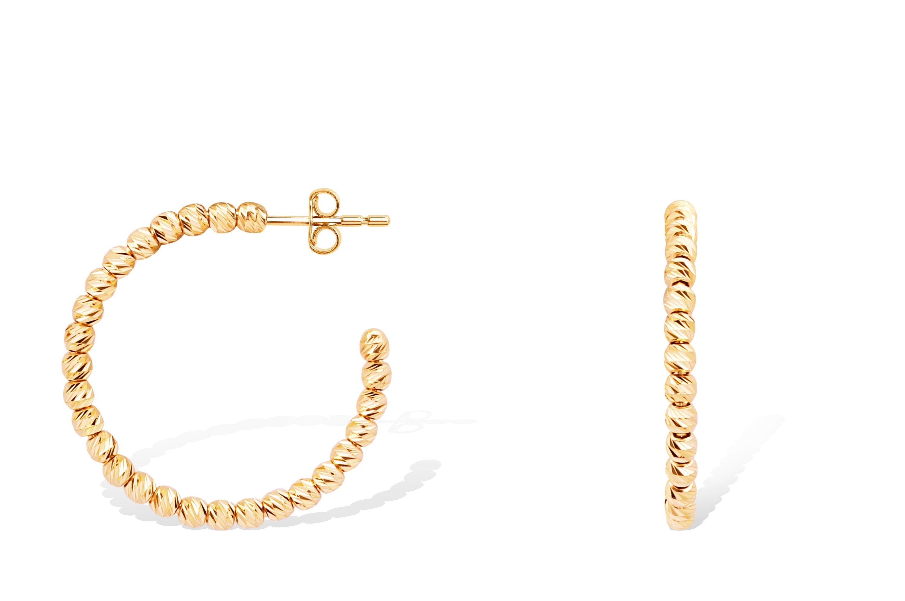 Elegant 14K Italian Gold Dainty Hoop Earrings with Beads.