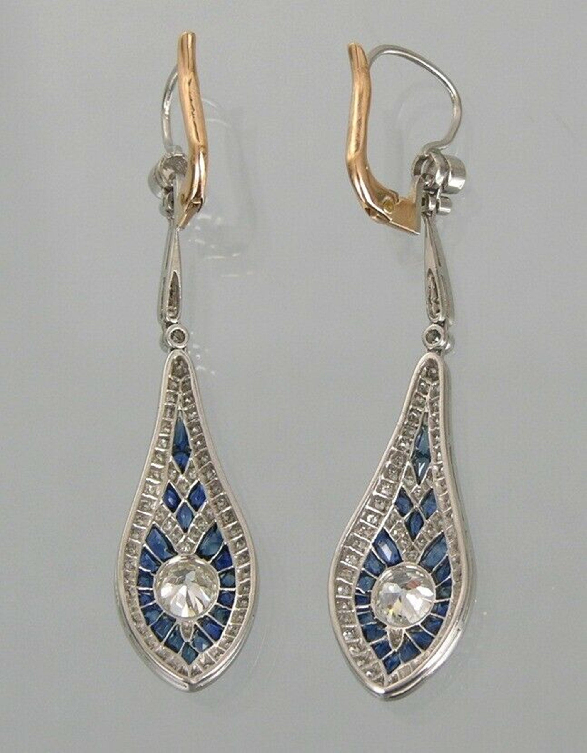 Art Deco Sapphire Dangle Drop Earring, Two Tone Lever Back Earring, Blue Baguette & Old European Cut Diamond Earring, Retro Navette Earrings