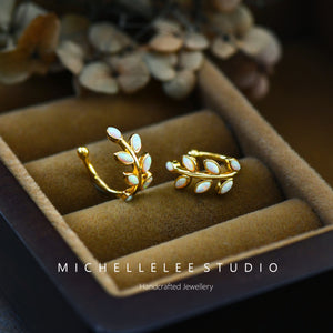 White Opal Leaf Ear Cuff, No Piercing Olive Branch Ear Wrap