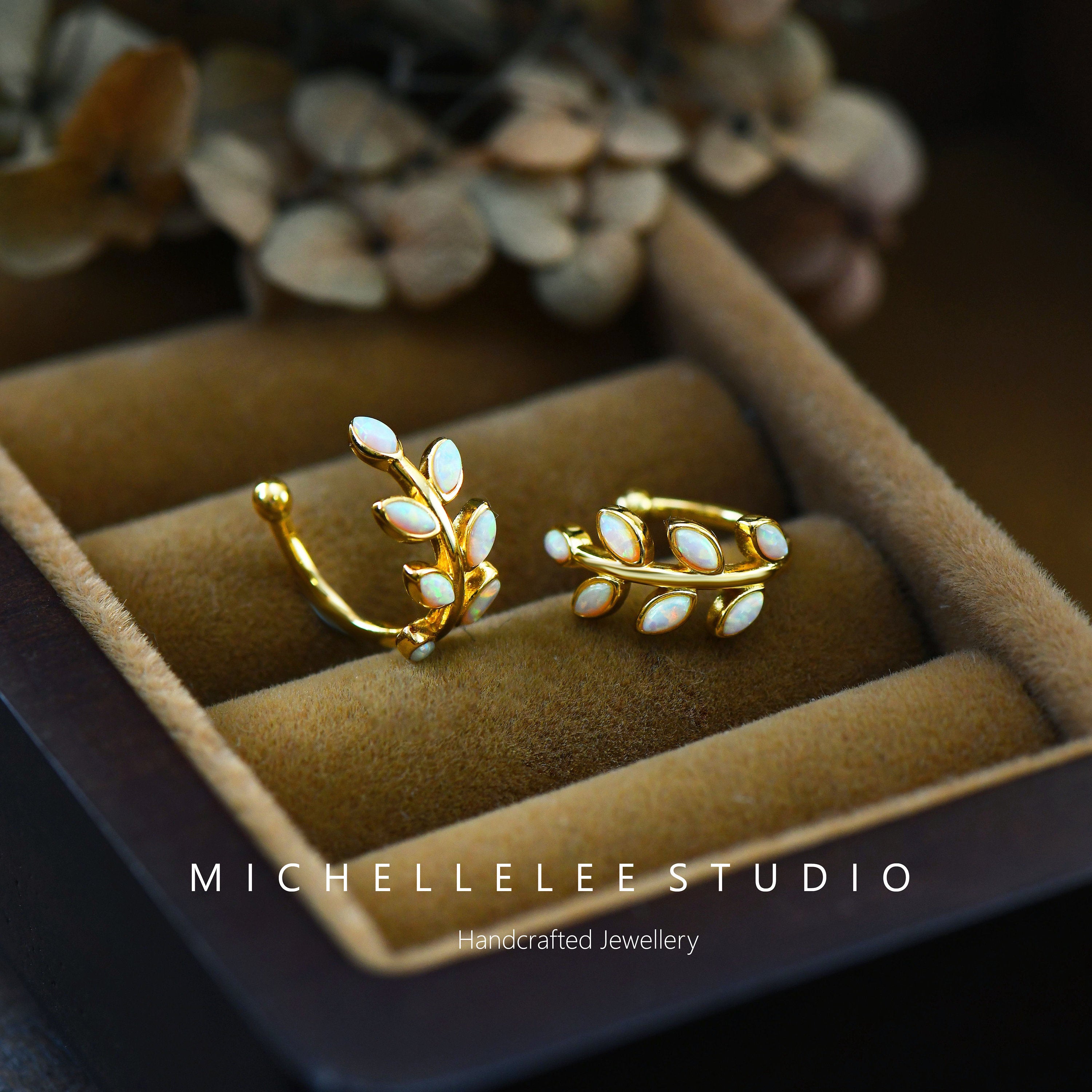 White Opal Leaf Ear Cuff, No Piercing Olive Branch Ear Wrap