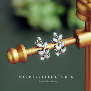 White Opal Leaf Ear Cuff, No Piercing Olive Branch Ear Wrap