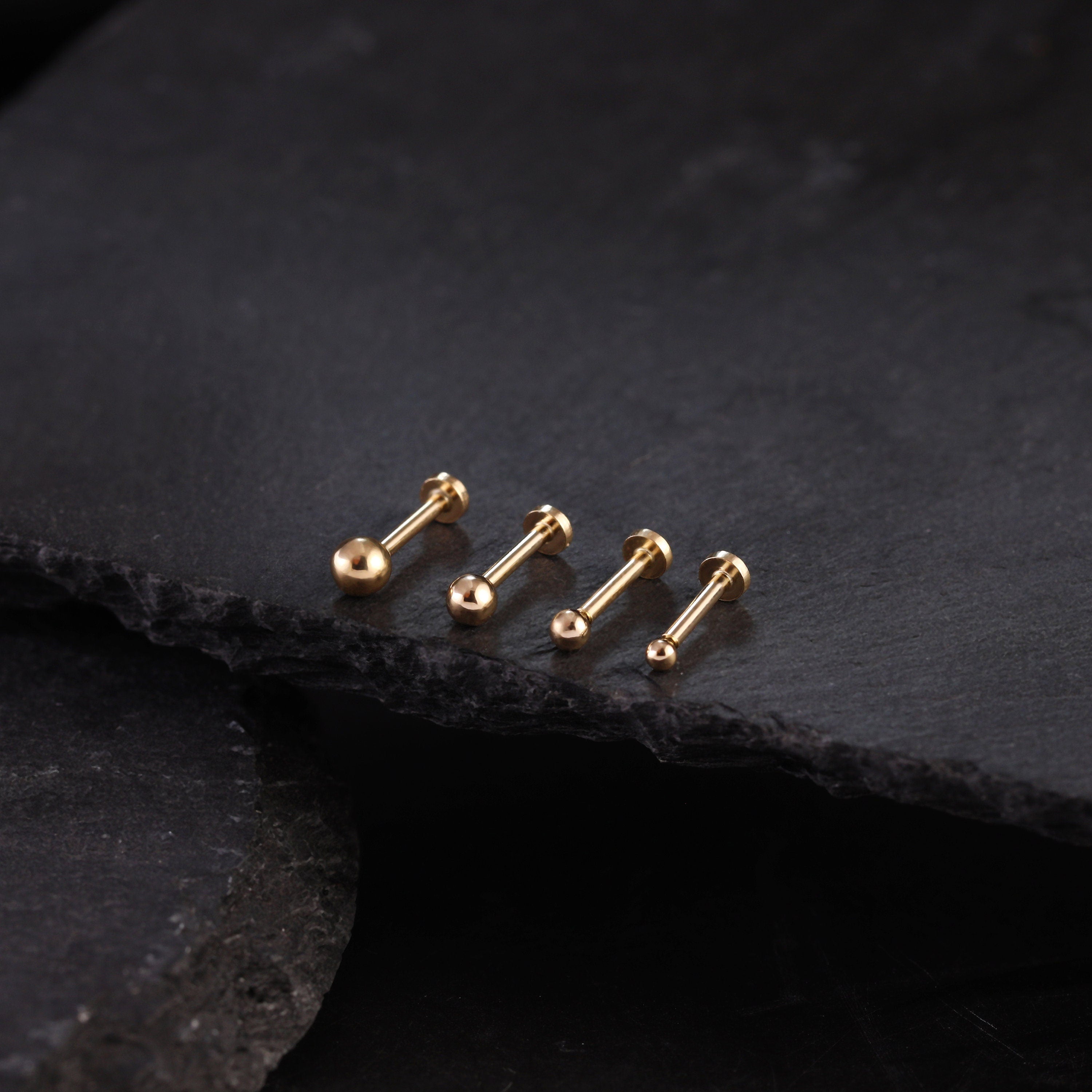 14K Solid Gold Threadless Labret Stud, Small Ball Studs, Nose Stud, Tragus Stud, Forward Helix Piercing, Tiny Ball Studs, Flat Back Earring