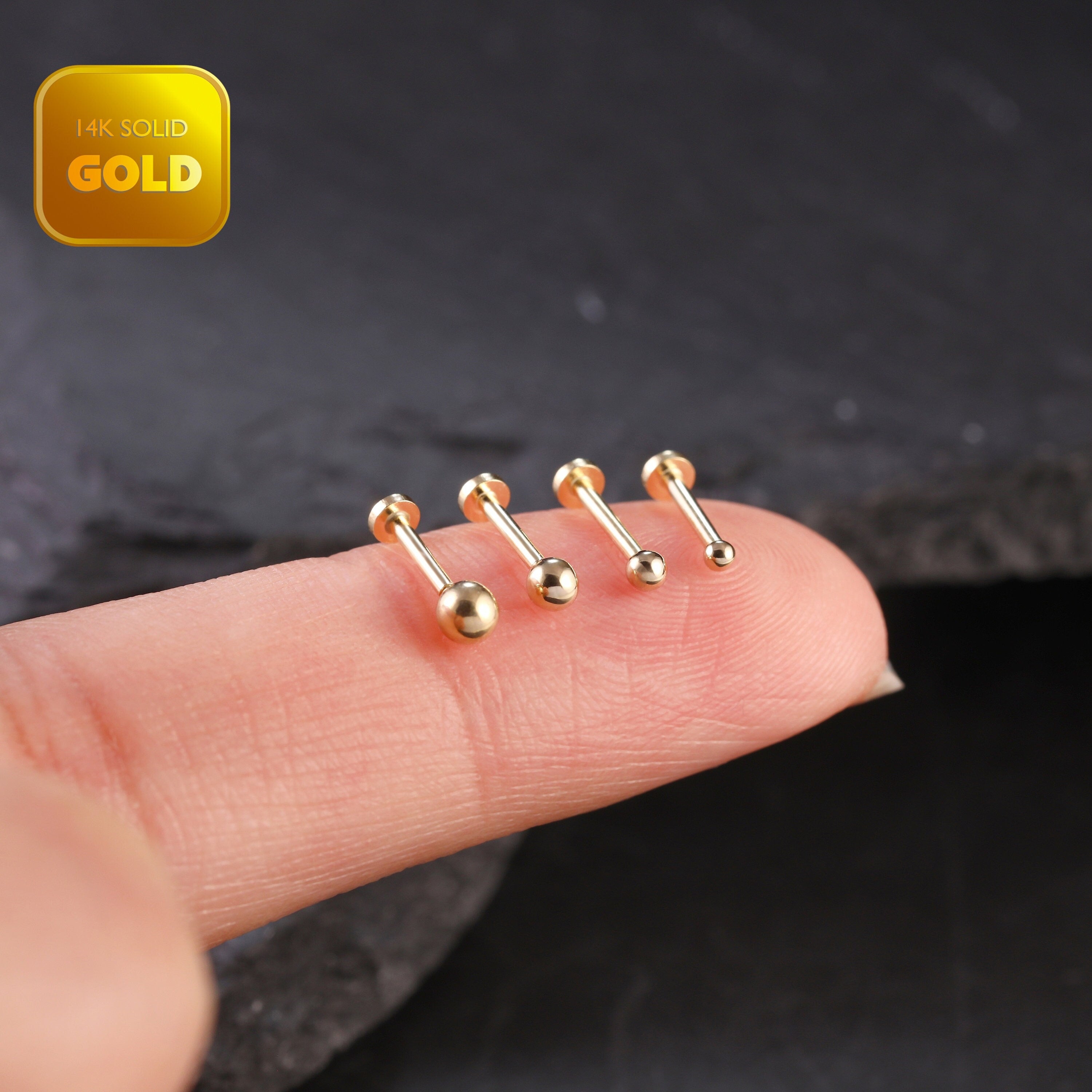 14K Solid Gold Threadless Labret Stud, Small Ball Studs, Nose Stud, Tragus Stud, Forward Helix Piercing, Tiny Ball Studs, Flat Back Earring