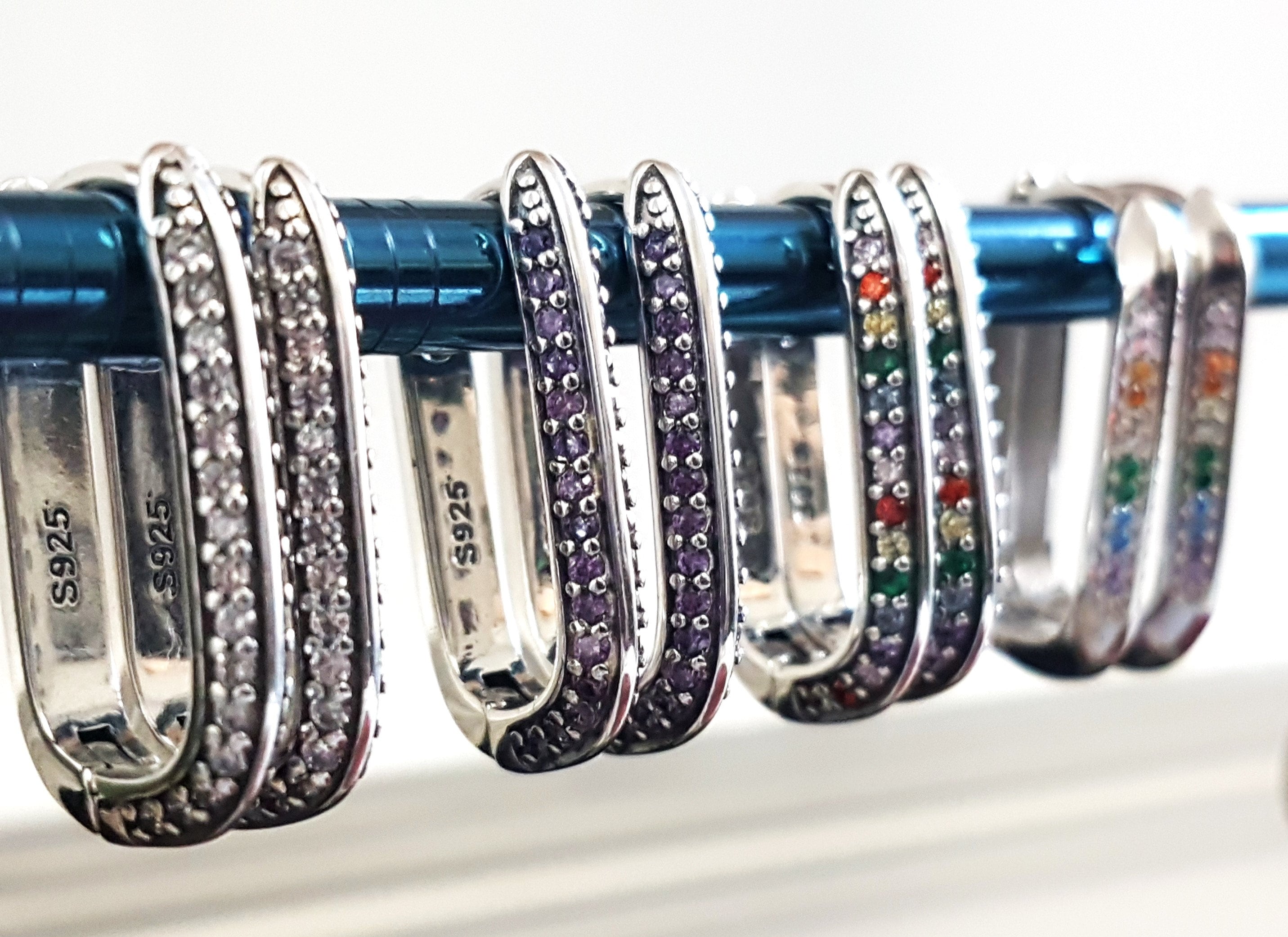 925 Sterling Silver Cubic Zirconia Hoop Earrings: Geometric U-Shape Huggies • A84