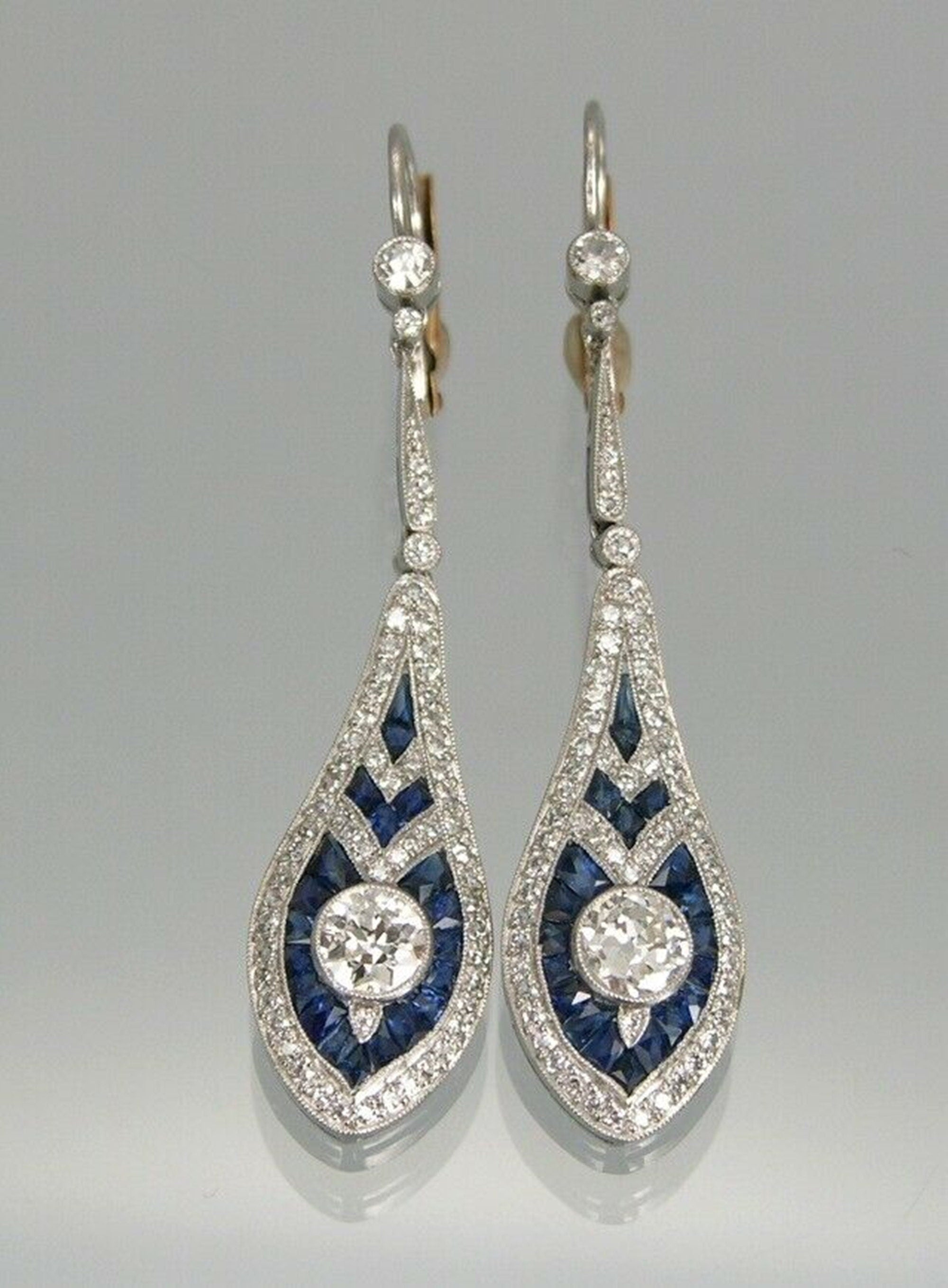 Art Deco Sapphire Dangle Drop Earring, Two Tone Lever Back Earring, Blue Baguette & Old European Cut Diamond Earring, Retro Navette Earrings