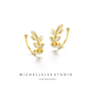 White Opal Leaf Ear Cuff, No Piercing Olive Branch Ear Wrap