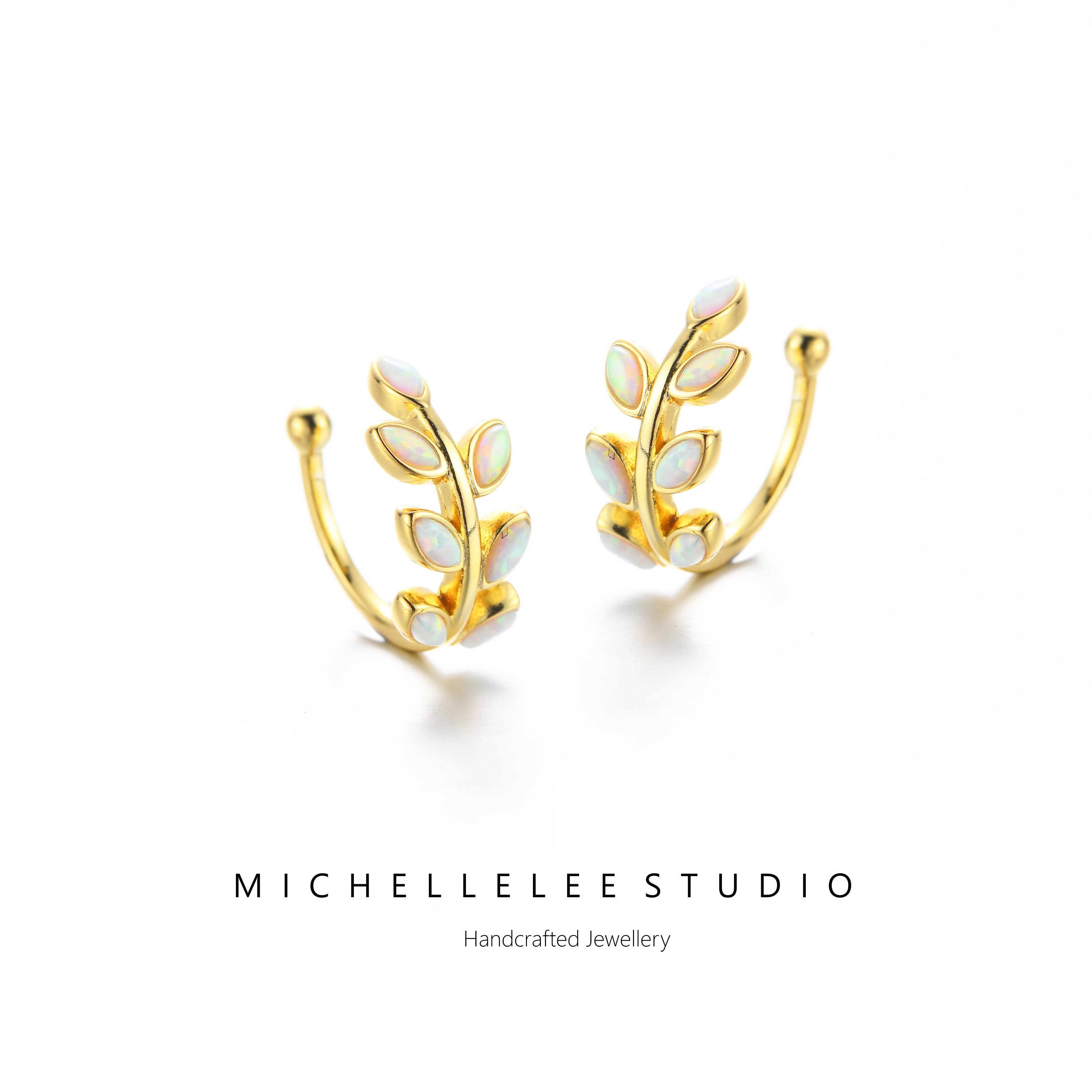 White Opal Leaf Ear Cuff, No Piercing Olive Branch Ear Wrap