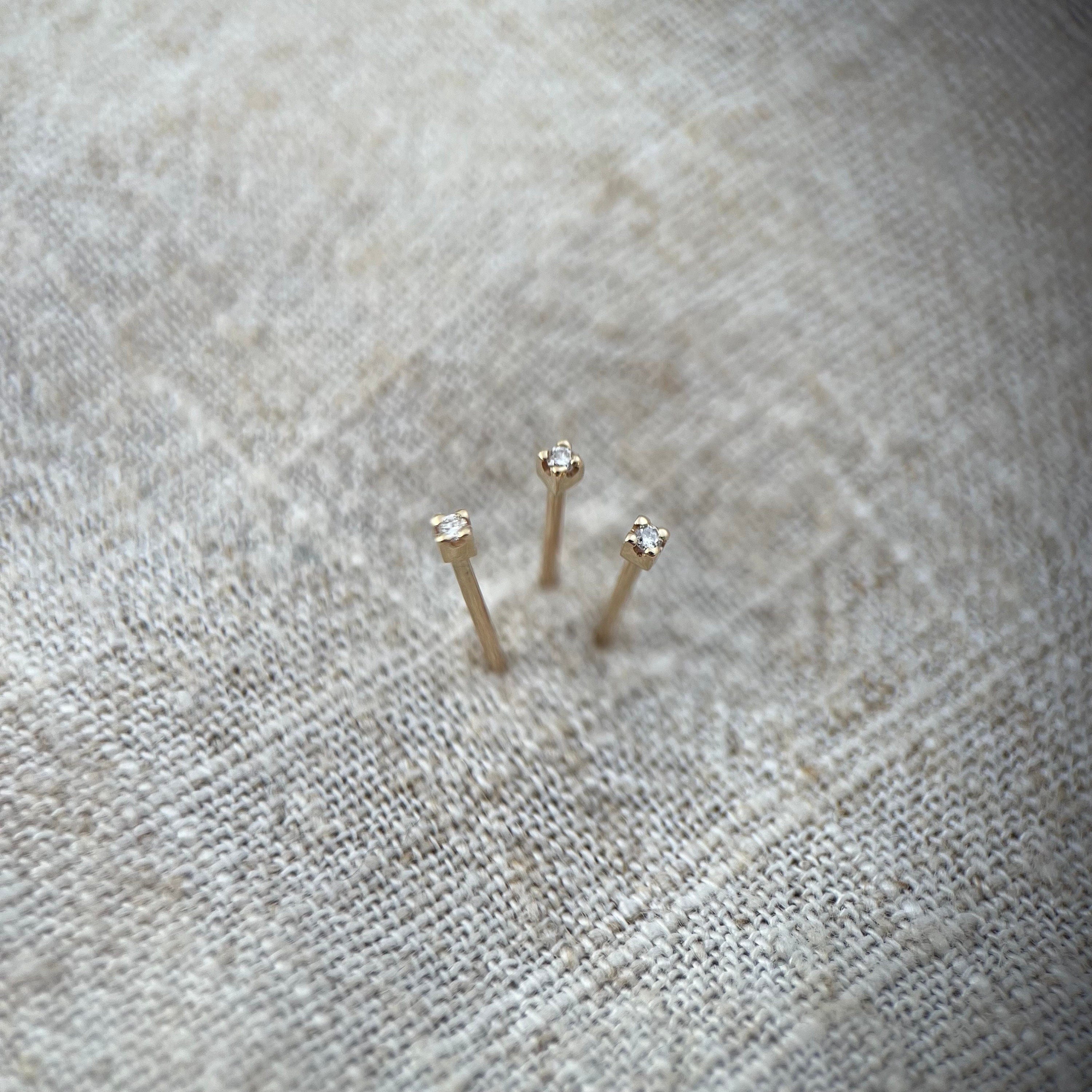 Tiny Ear Stud with Micro Diamond in 9Ct Yellow Gold Natural Tiny Genuine Diamond. Studs Sold as a Single and in a Pair.