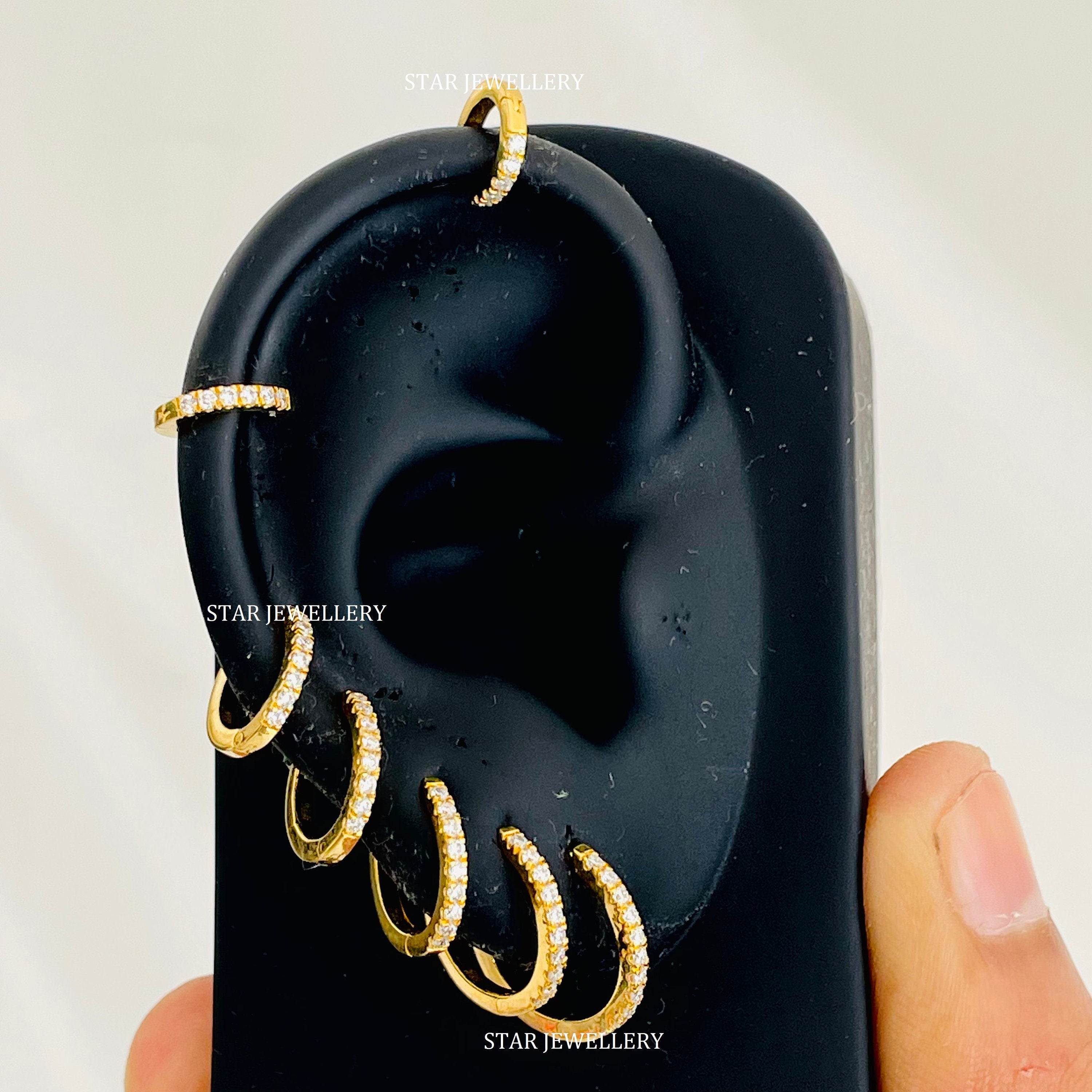 Natural Diamond Nose Ring, Helix Tragus Daith Piercing, Solid Gold Diamond Huggie Hoop Earring, 10K 14K Cartilage Clicker, 6Mm 8Mm 10Mm 12Mm