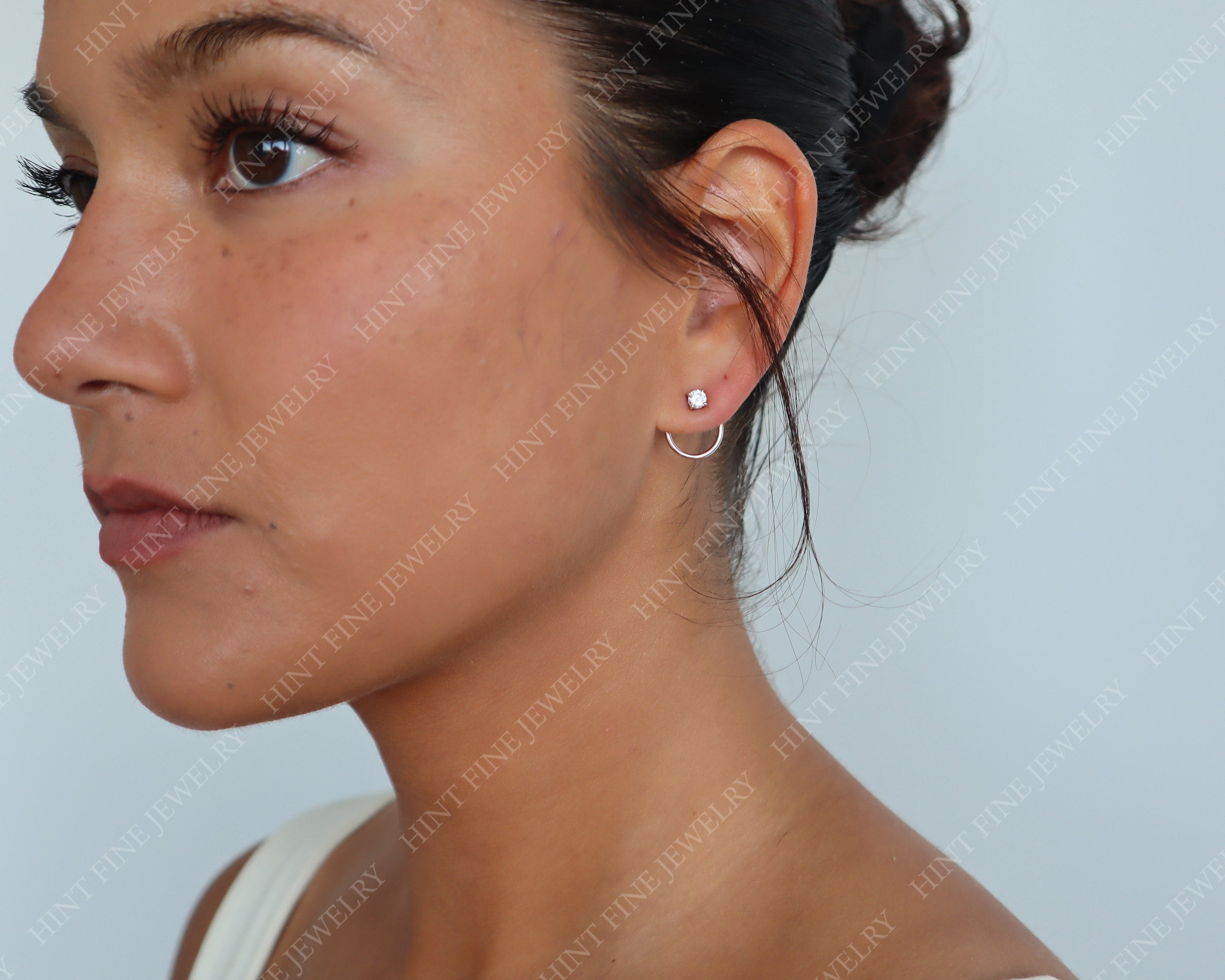 Waterproof-Flatback Sterling Silver Titanium Dainty Front Back Circle Earrings, Ear Jacket, Dainty Studs, CZ Diamond Studs