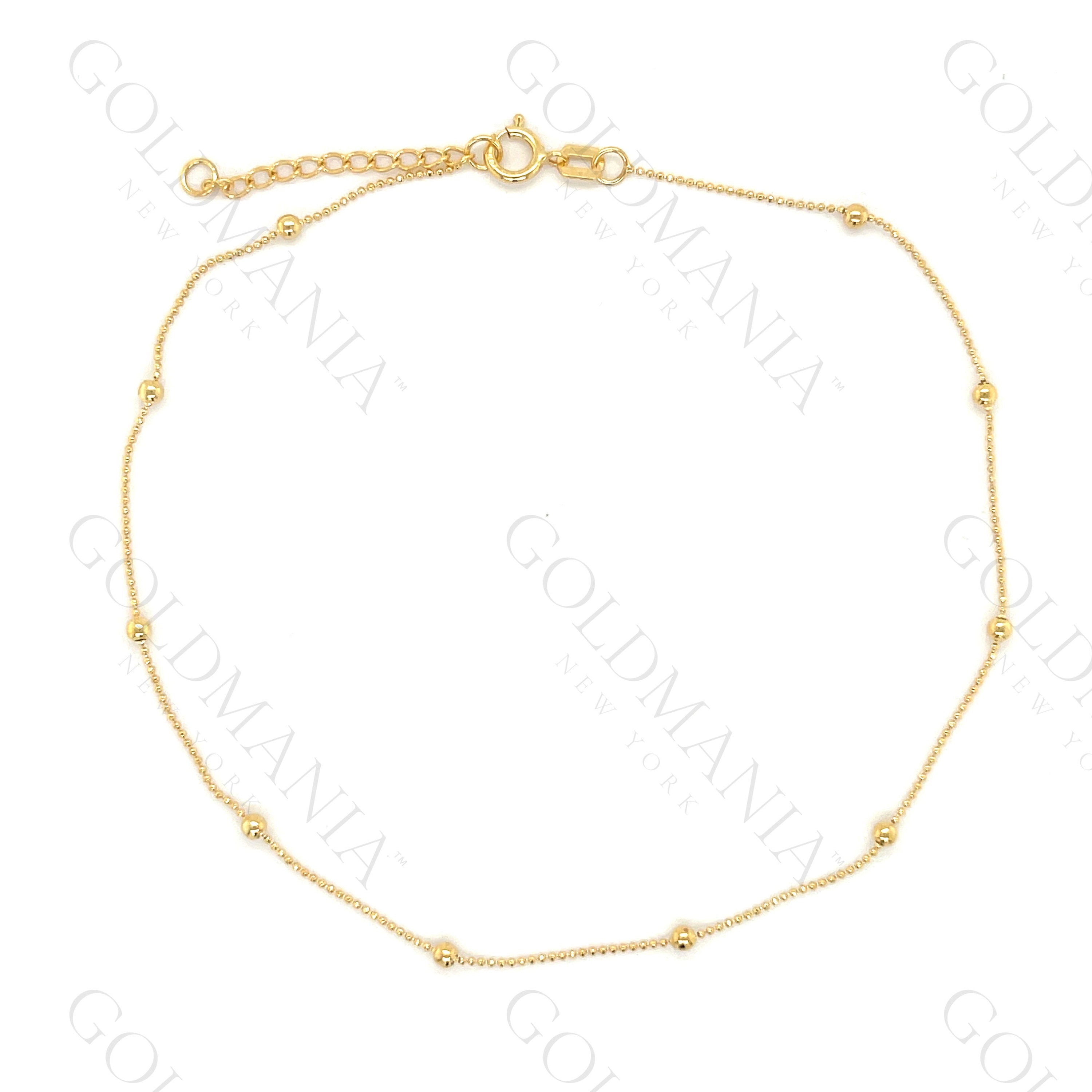 14K Solid Yellow Gold Bead Station Anklet - 10 Inch