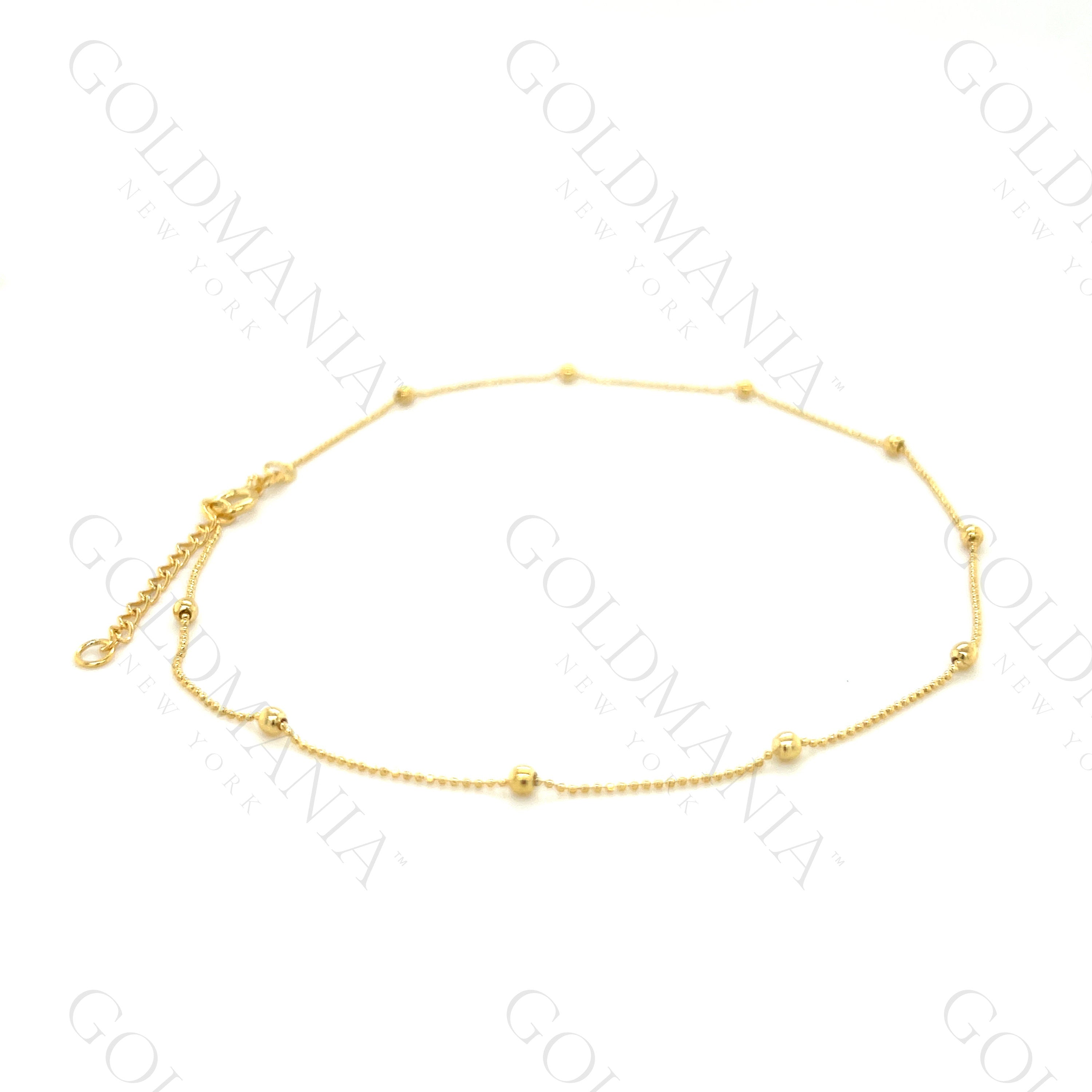 14K Solid Yellow Gold Bead Station Anklet - 10 Inch