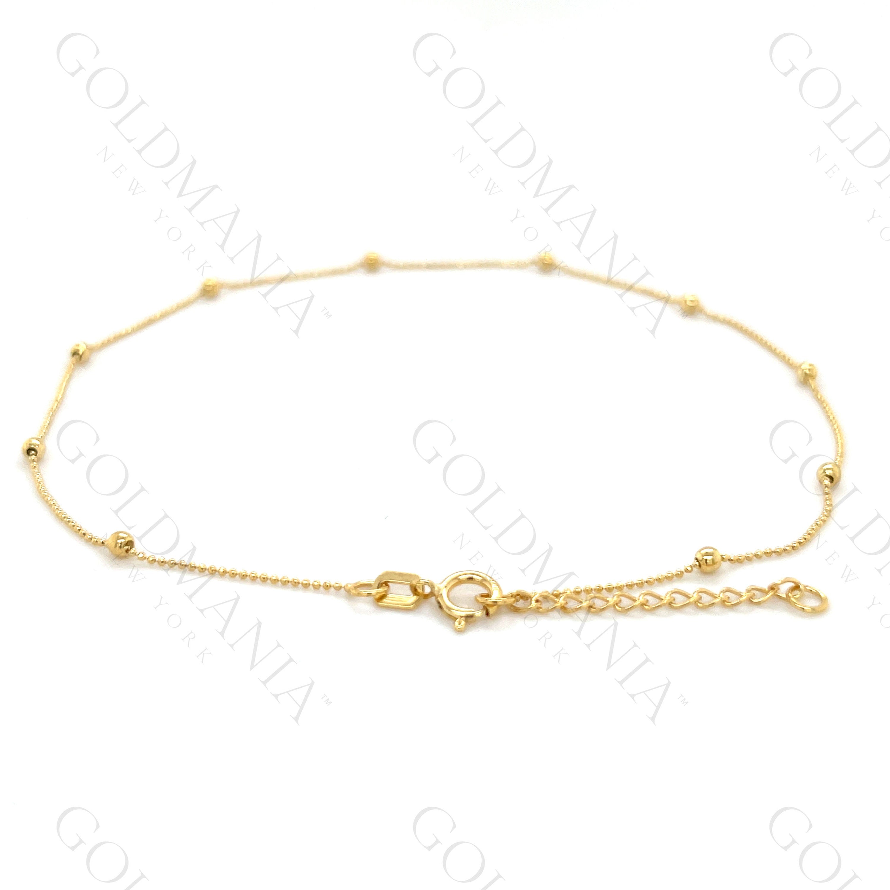 14K Solid Yellow Gold Bead Station Anklet - 10 Inch