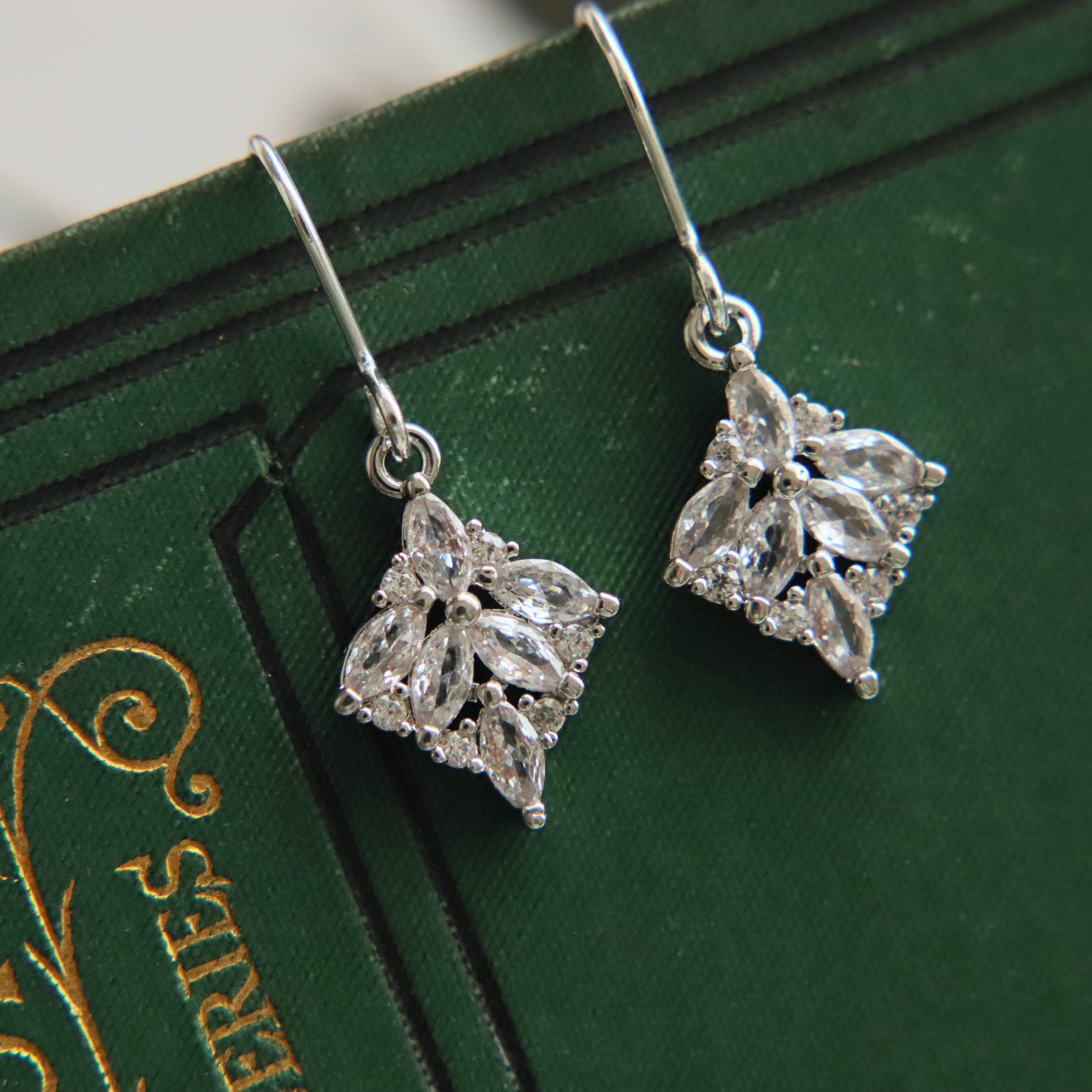 Art Deco Earrings, Marquise Earrings, Zirconia Diamond Drop Earrings 1920S Twenties Geometric Crystal Dangles Drops Art Nouveau Victorian