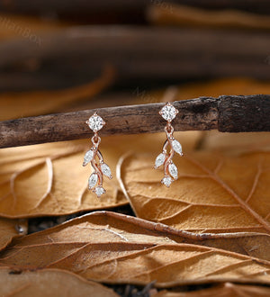 Dainty Leaf Diamond Dangle Earrings - Elegant Yellow Gold Moissanite Drop Earrings - Classic Minimalist Women Birthday Gift by
