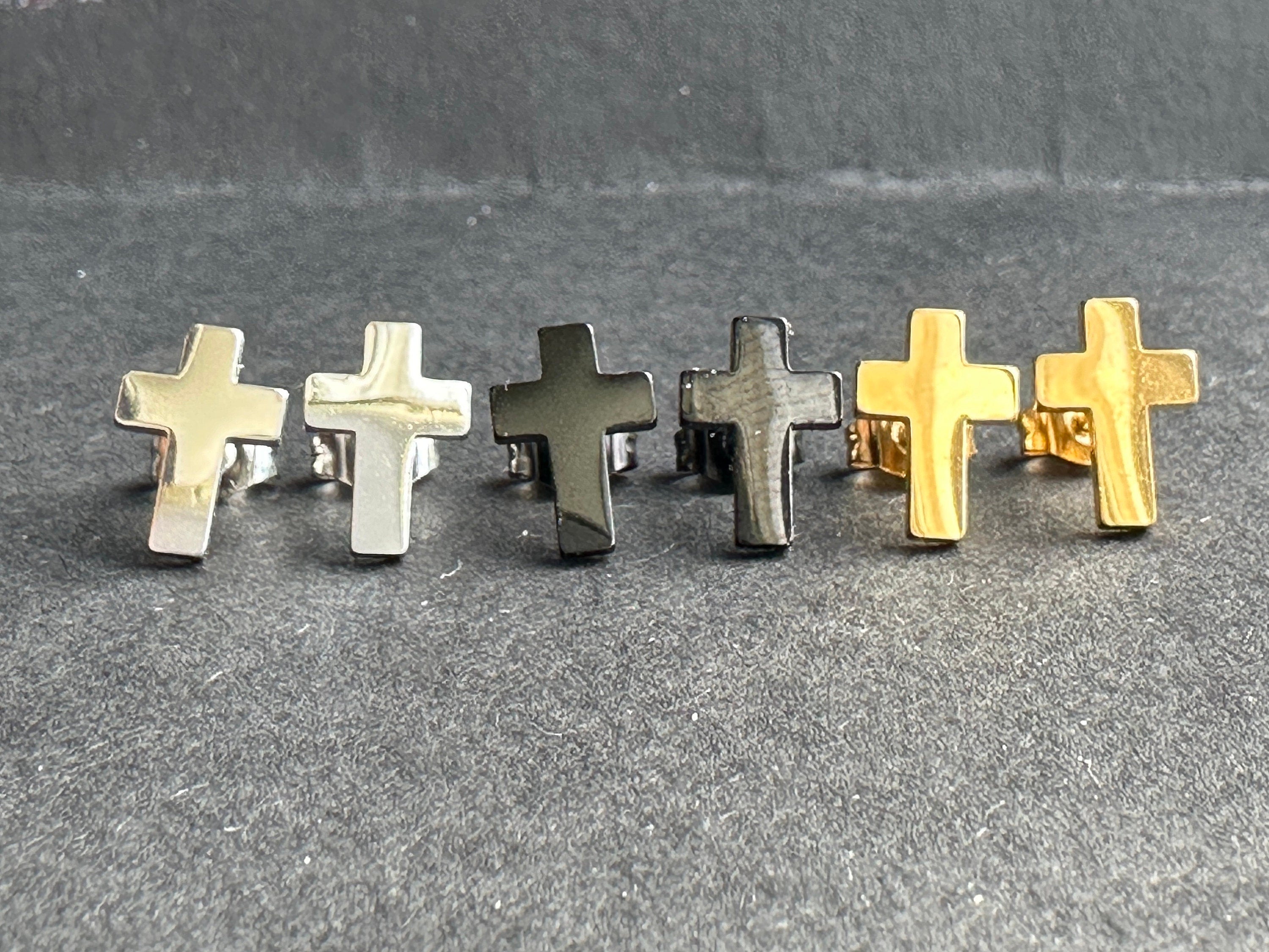 Cross Stud Surgical Steel Earrings Black, Silver & Gold