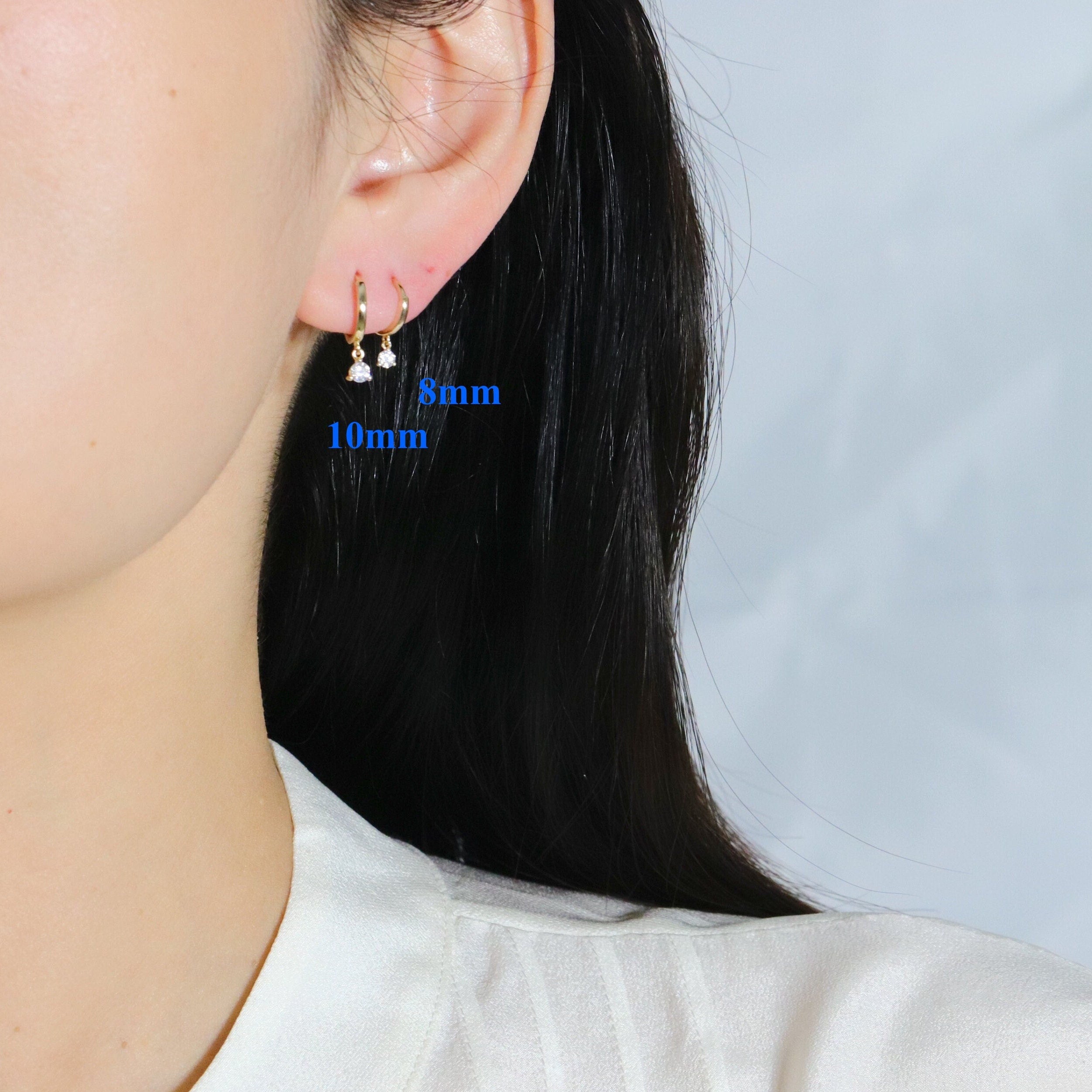 Solid Gold Moissanite Drop Huggie Hoops: Dainty Sleeper Earrings