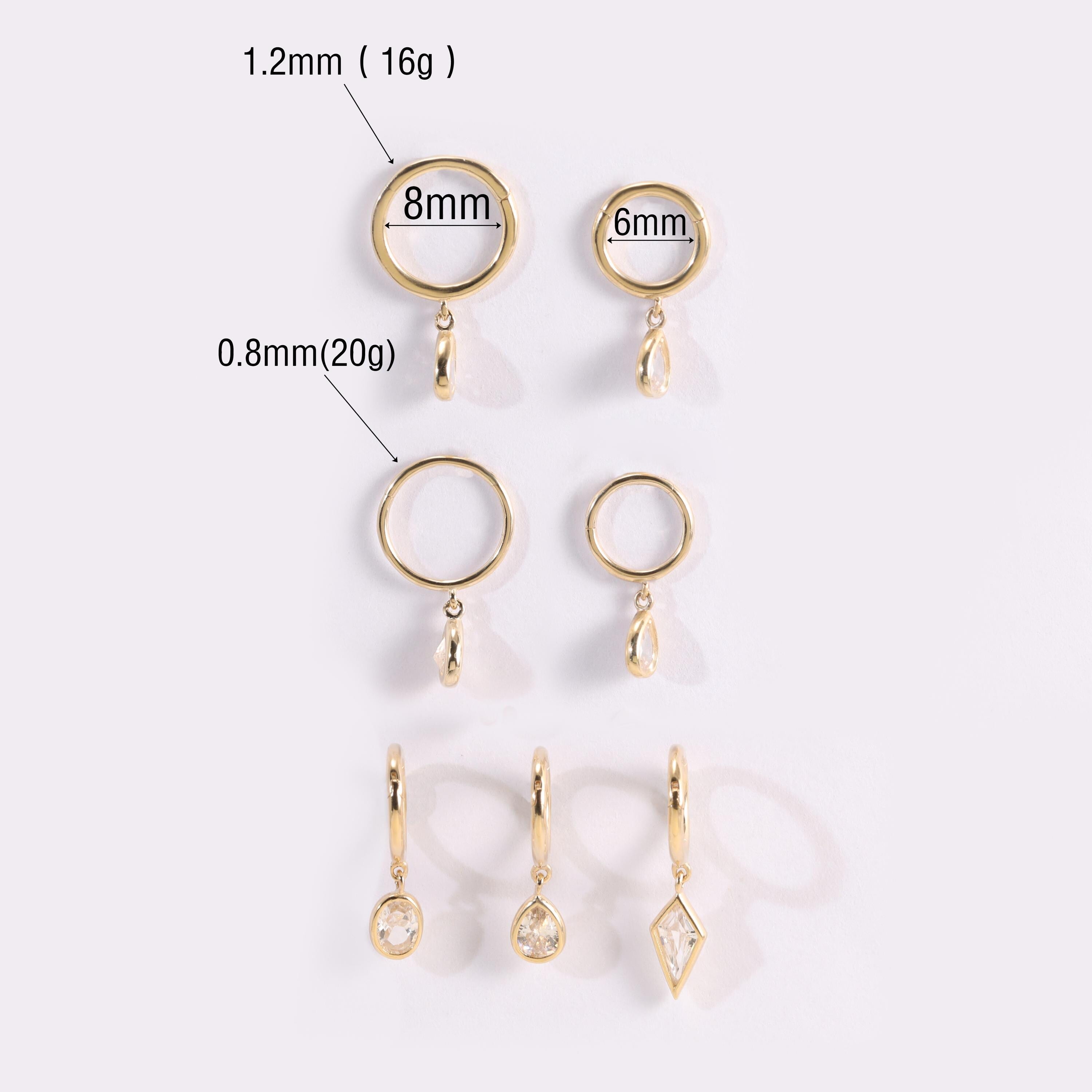 14K Solid Gold Dangle Charm Hoop Earring Dainty Drop Earring Dangle Rhombus Oval Dangling Charm Clicker Dangle Earring Cartilage Hoop 16G
