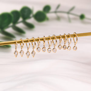 14K Solid Gold Dangle Charm Hoop Earring Dainty Drop Earring Dangle Rhombus Oval Dangling Charm Clicker Dangle Earring Cartilage Hoop 16G