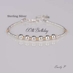 Sterling Silver 60th Birthday Bracelet – Elegant 6 Bead Milestone Jewelry Gift for Her.