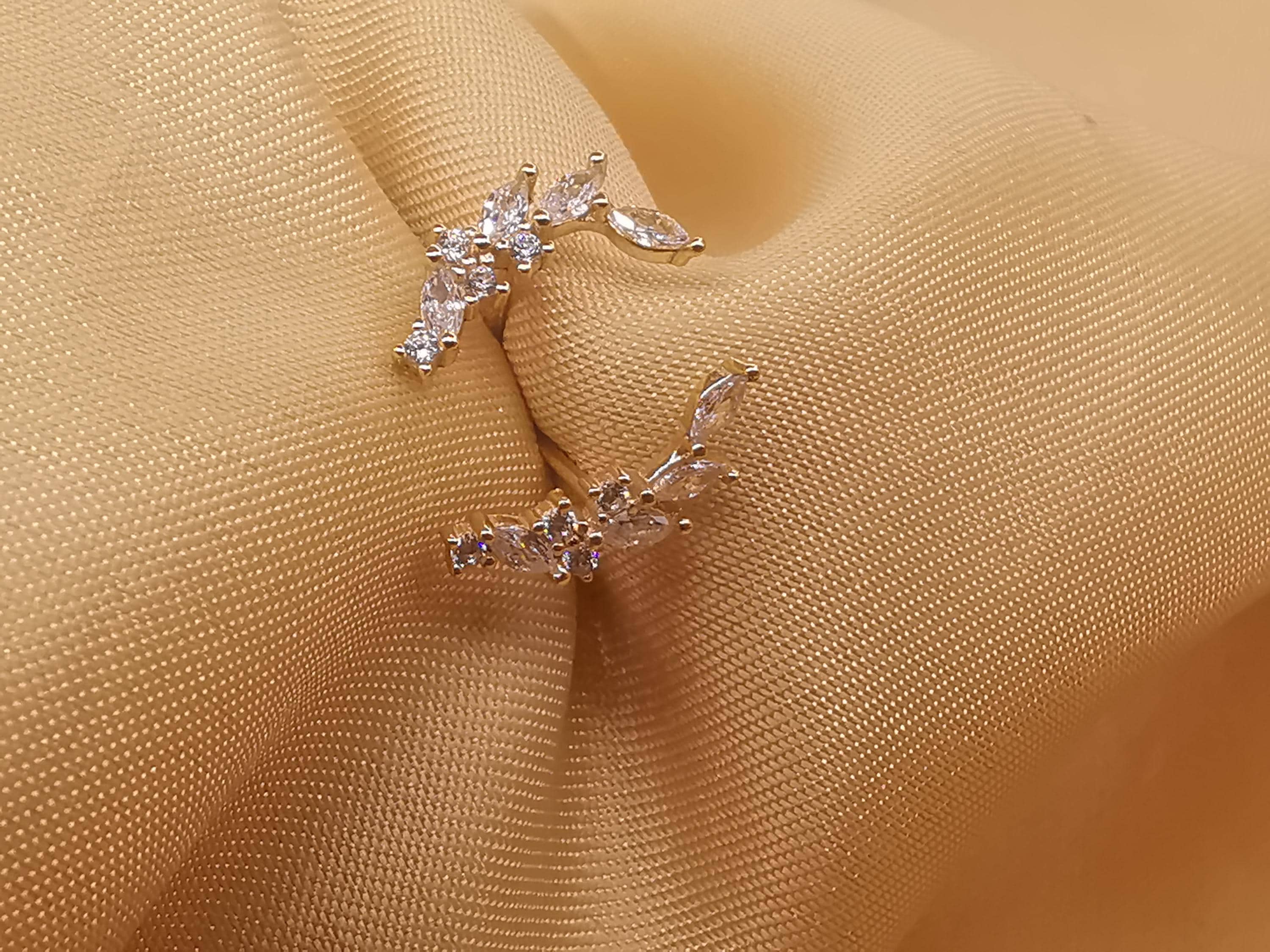 Dainty Olive Leaf Post Studs Ear Climber 14K Gold Plated 925 Silver Leaf Studs Cramler Branches Crystal Climber Earrings