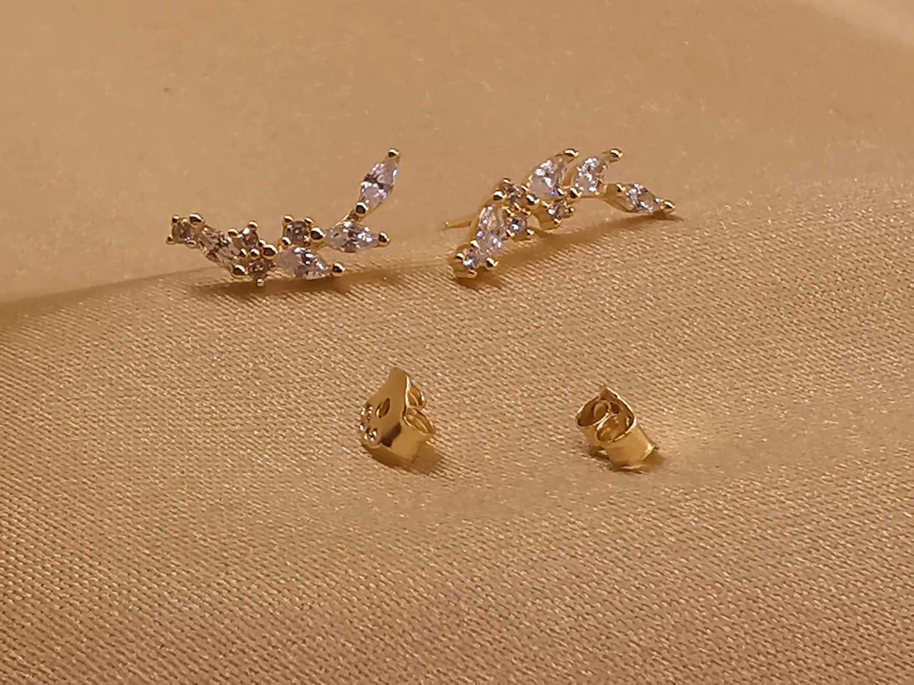 Dainty Olive Leaf Post Studs Ear Climber 14K Gold Plated 925 Silver Leaf Studs Cramler Branches Crystal Climber Earrings
