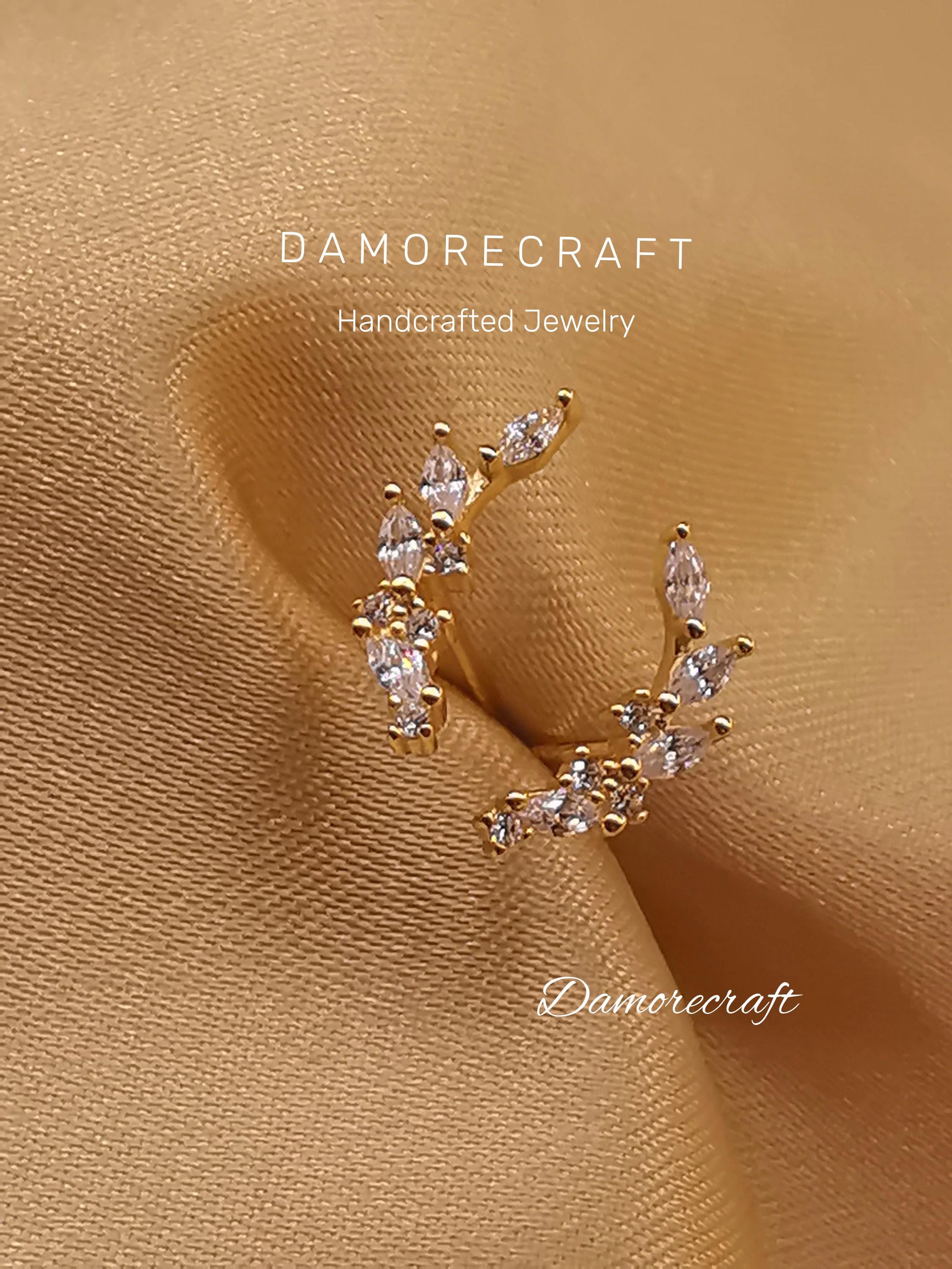 Dainty Olive Leaf Post Studs Ear Climber 14K Gold Plated 925 Silver Leaf Studs Cramler Branches Crystal Climber Earrings