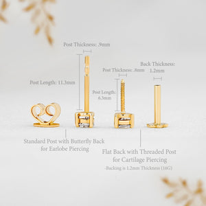SINGLE 14K Gold Natural Diamond Stud Earring: Minimalist Three Prong Setting