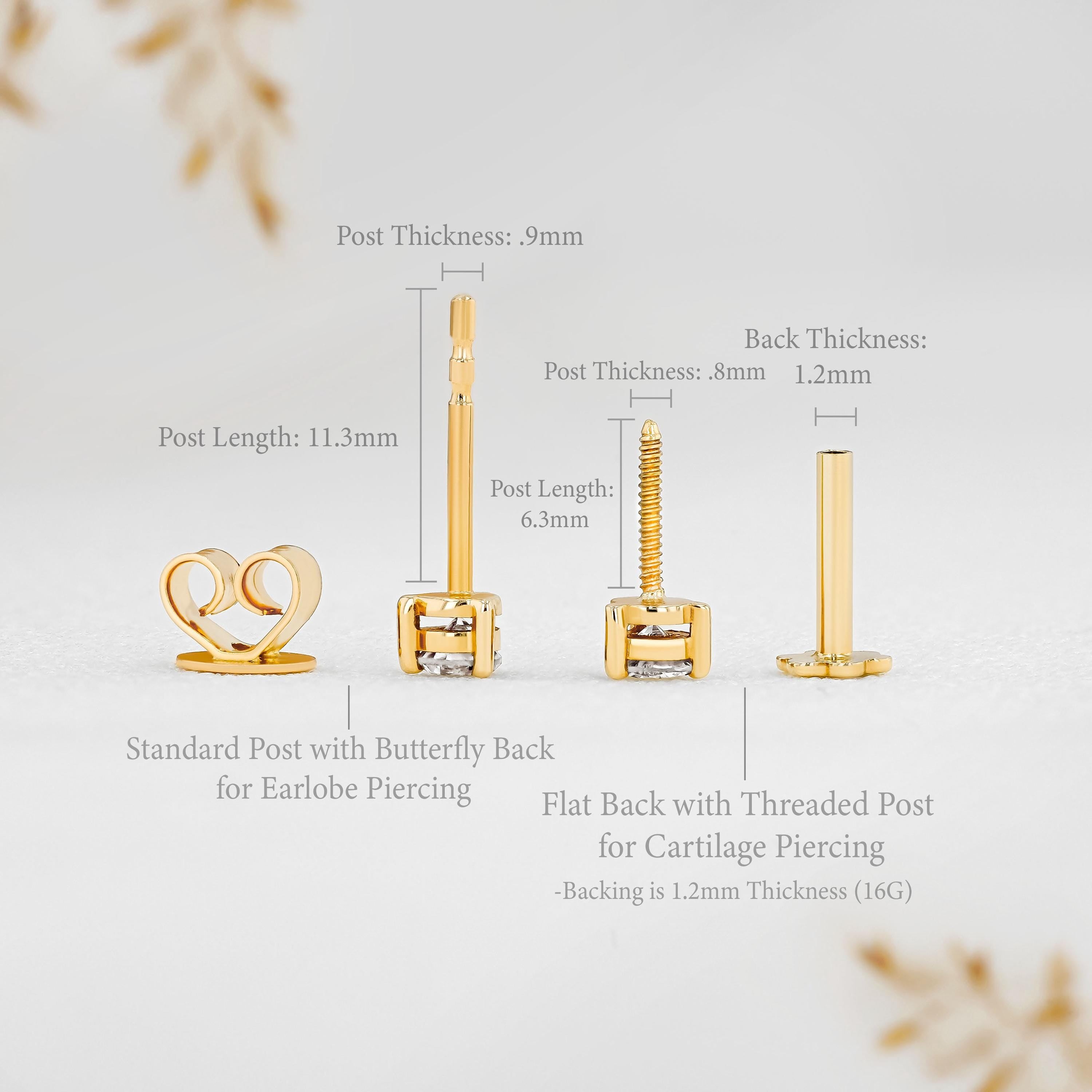 SINGLE 14K Gold Natural Diamond Stud Earring: Minimalist Three Prong Setting