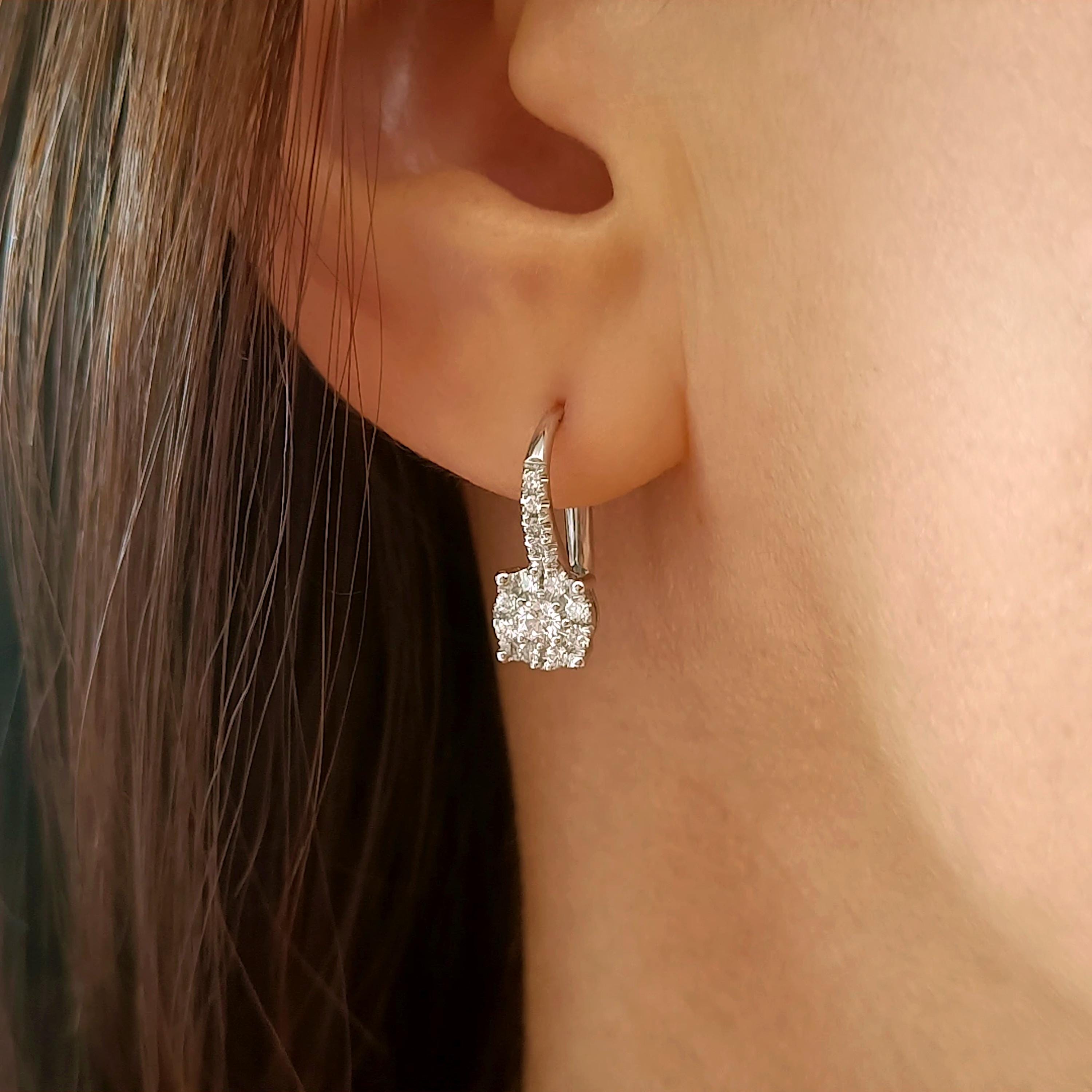 Pavè Diamond Leverback Earrings in 18K White Gold, Dangle Hoop Earrings