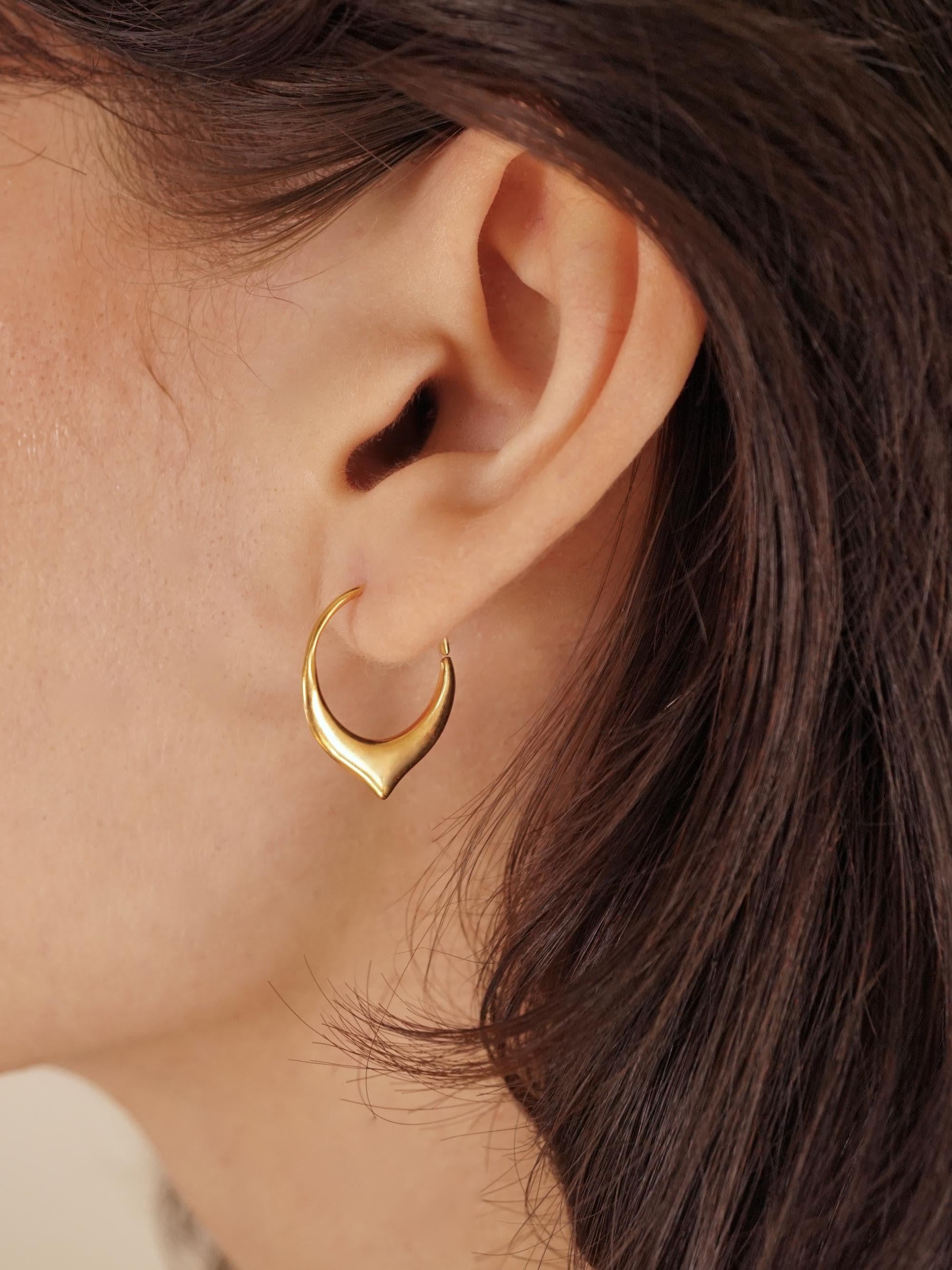 Dainty 18K Gold Petal Hoop Earrings - Tiny 14mm Floral Sleeper Hoops.