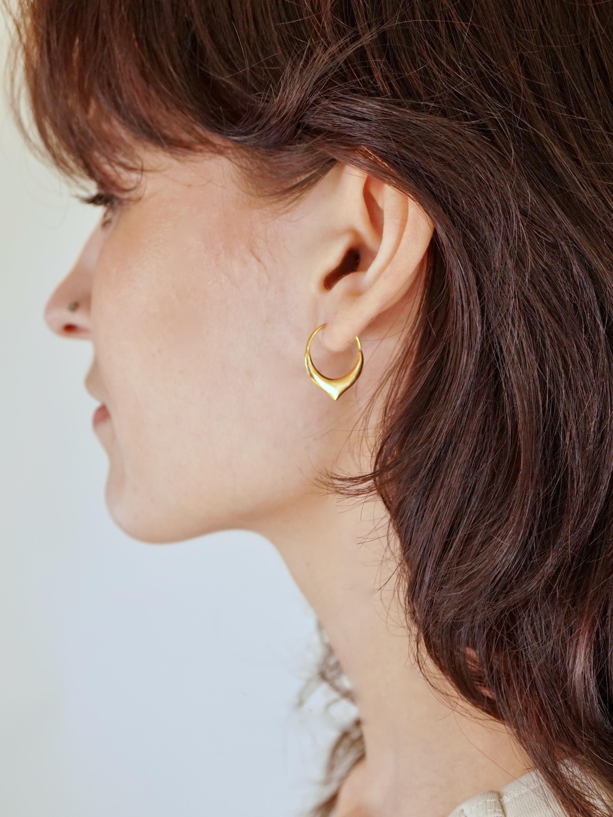 Dainty 18K Gold Petal Hoop Earrings - Tiny 14mm Floral Sleeper Hoops.