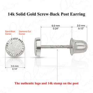 14K Solid Gold Circle Stud Earrings: Diamond Cut Sandblast Finish