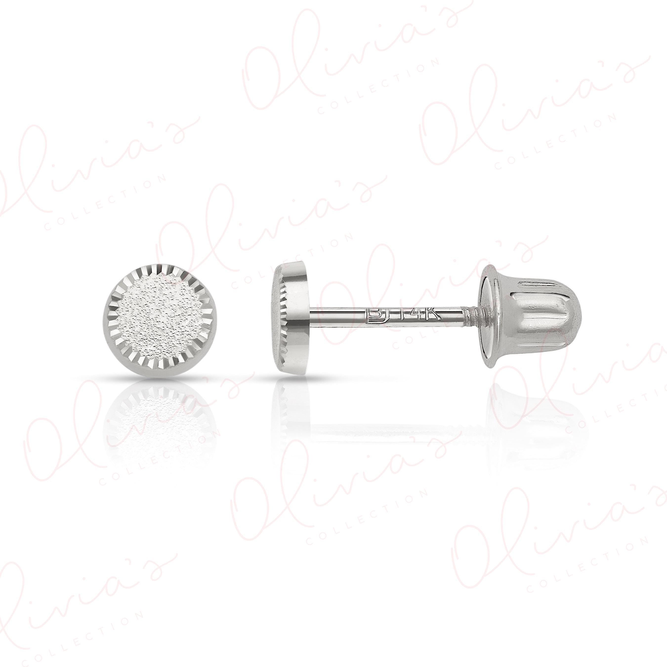 14K Solid Gold Circle Stud Earrings: Diamond Cut Sandblast Finish