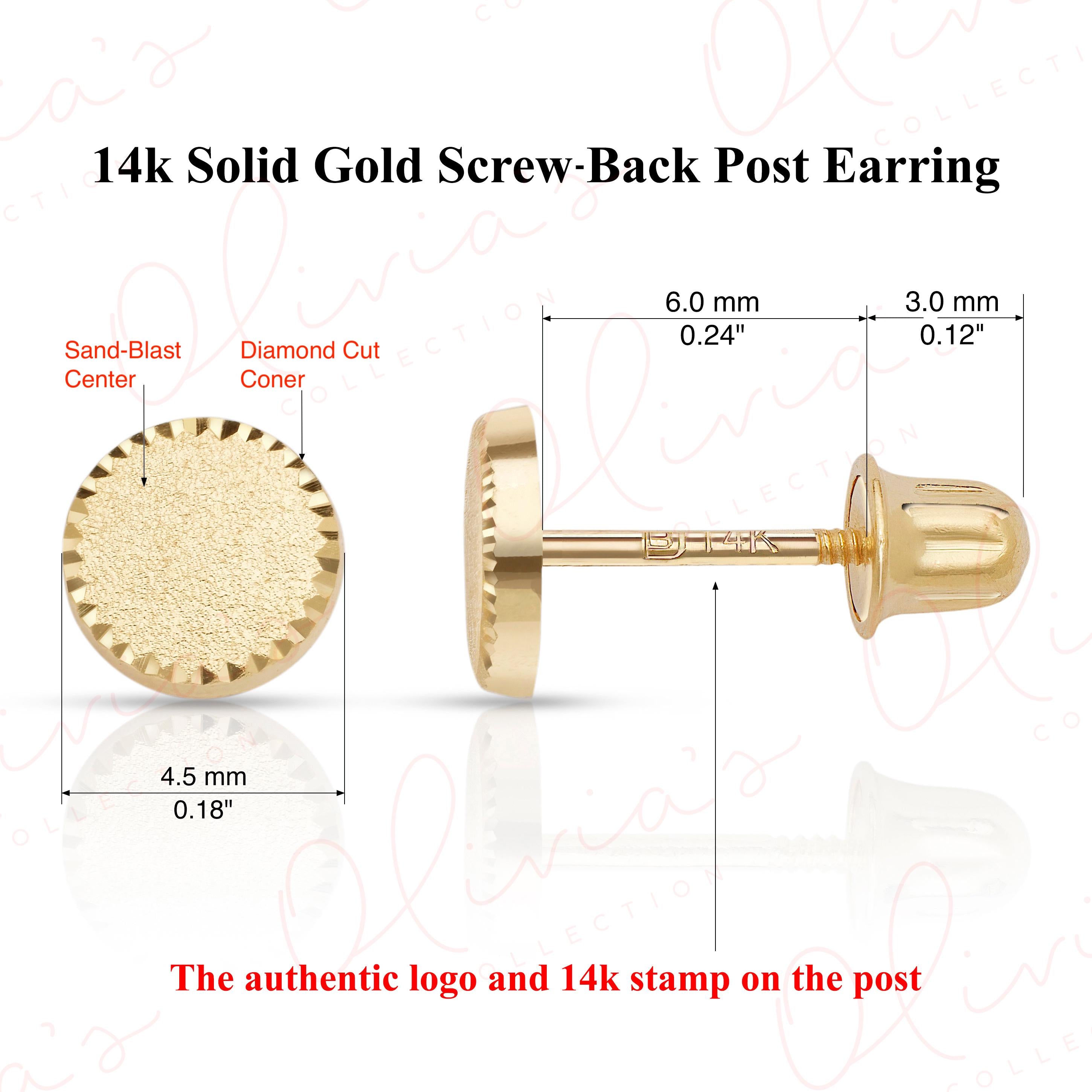 14K Solid Gold Circle Stud Earrings: Diamond Cut Sandblast Finish