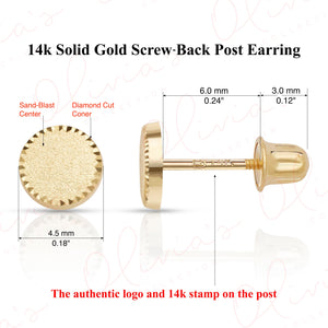 14K Solid Gold Circle Stud Earrings: Diamond Cut Sandblast Finish