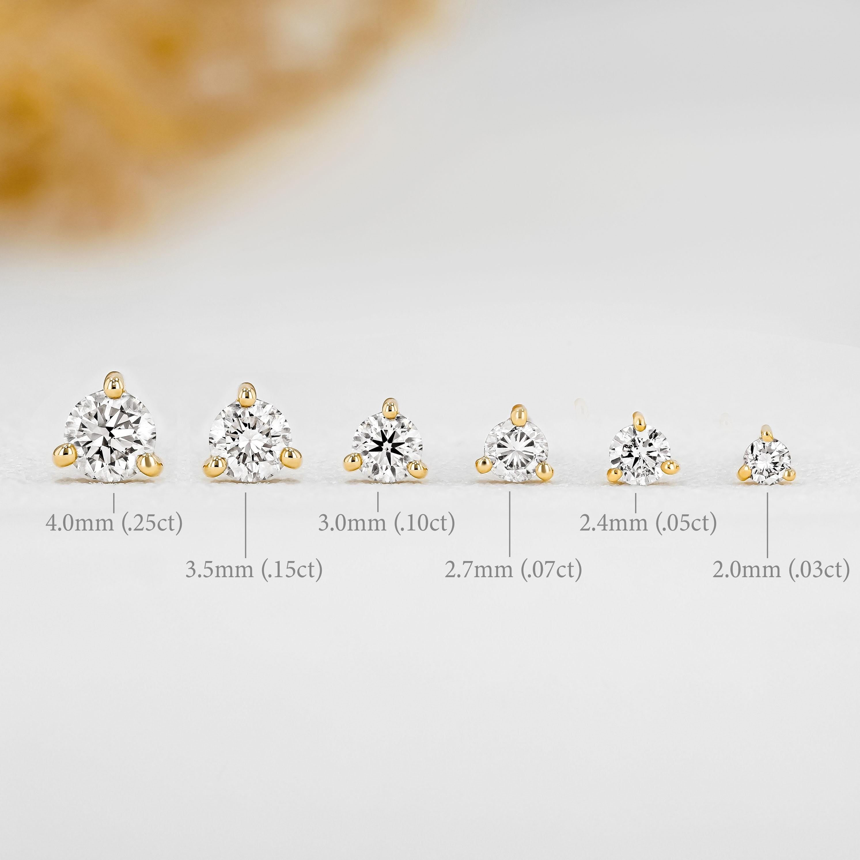SINGLE 14K Gold Natural Diamond Stud Earring: Minimalist Three Prong Setting