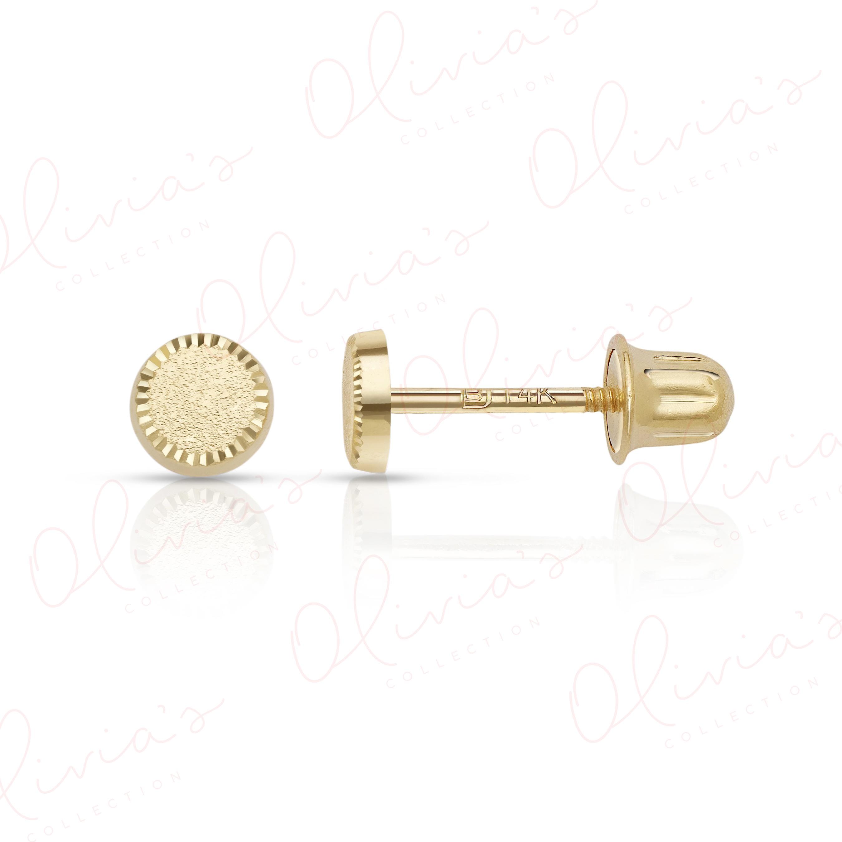 14K Solid Gold Circle Stud Earrings: Diamond Cut Sandblast Finish