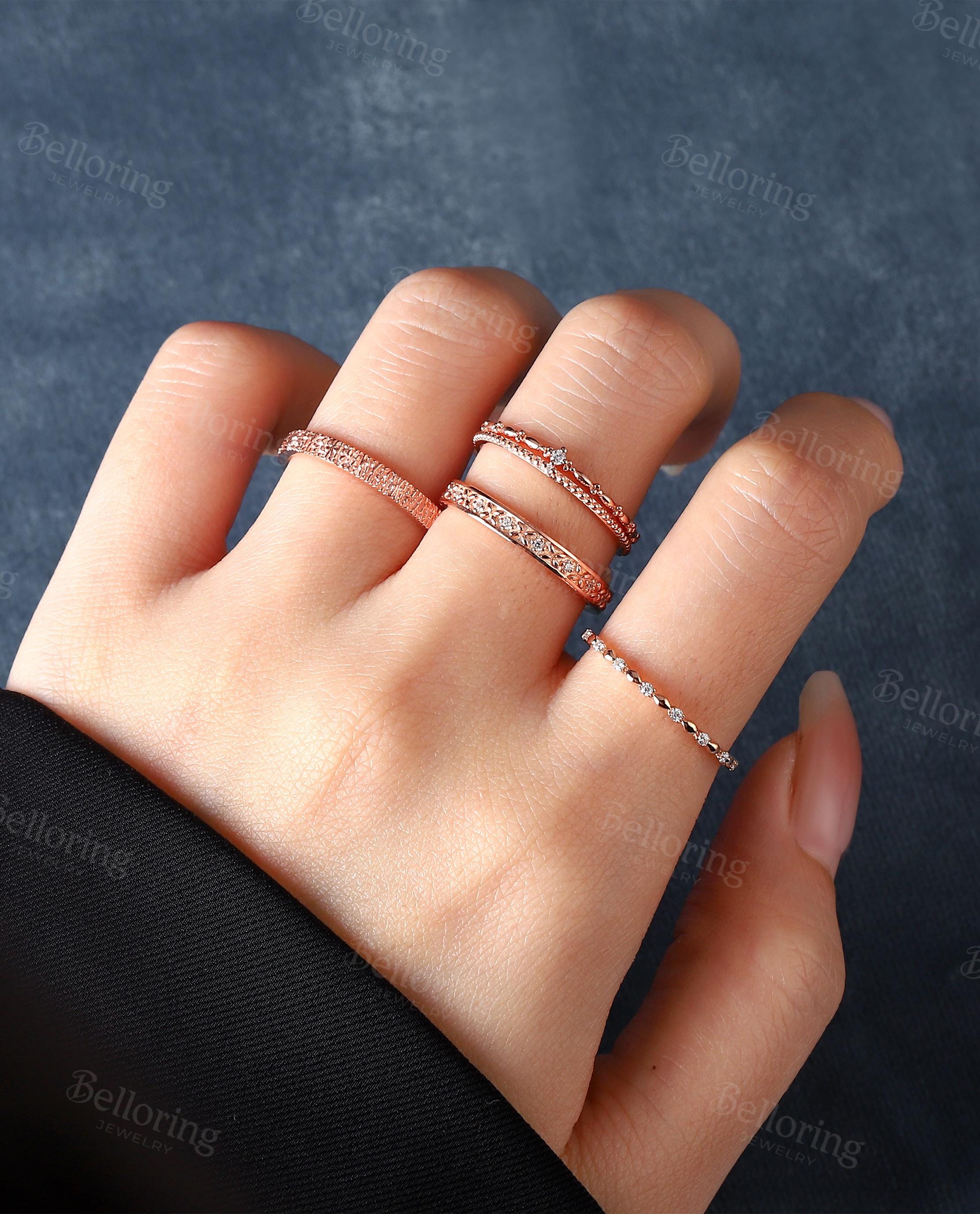 Delicate Double Diamond Wedding Band,14K Yellow Gold Ring,Vintage Milgrain Ring,Dainty Wedding Band Women,Minimalist Stacking Promise Band
