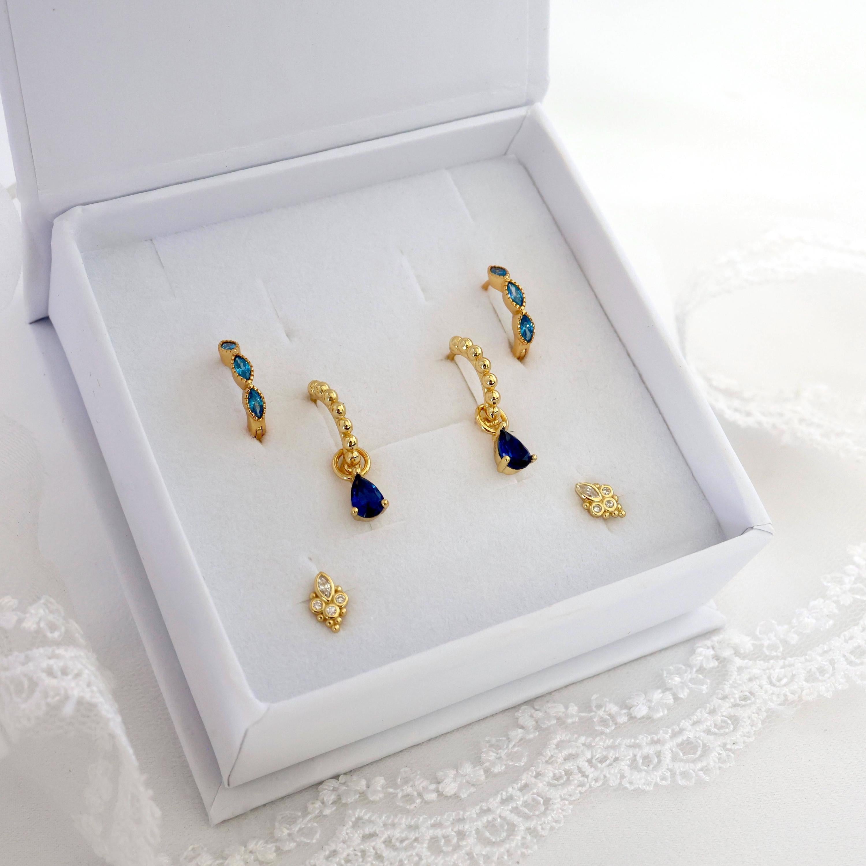 Elegant Gold Plated 925 Sterling Silver Blue Marquise Dangle Hoop Earrings - Perfect Gift for Her.