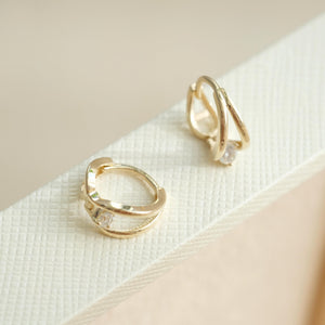 14K Solid Gold Double Circle Crystal Huggie Hoop Earrings - Elegant & Dainty for Everyday Glamour.